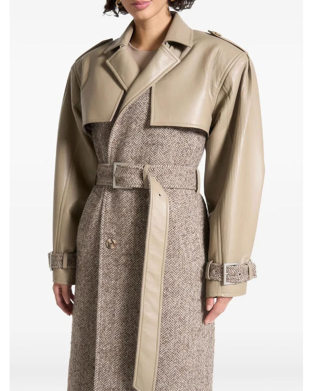 Manière De Voir Natural Carina Herringbone-Pattern Wool & Faux-Leather Taupe Trench Coat