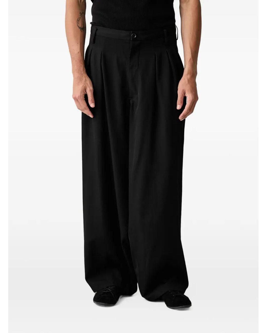 Yohji Yamamoto Black Pleated Wide-Leg Wool Trousers for men