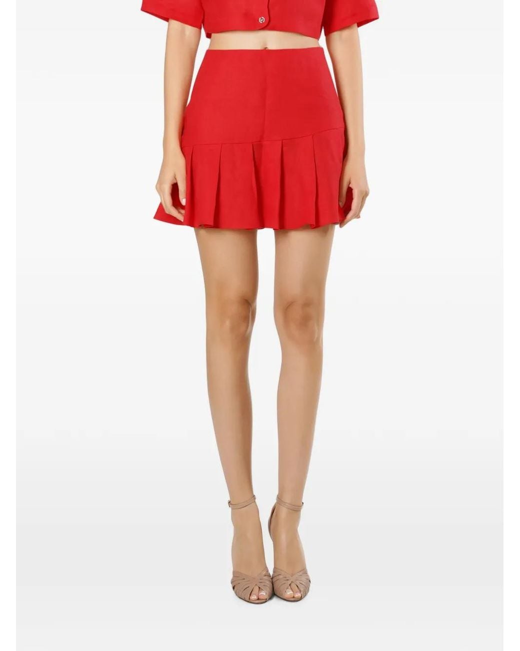 Mia Peculiar Red Asymmetrical Pleated Linen Skirt