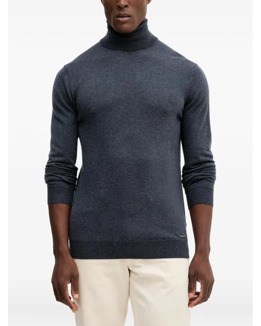 Guess Blue Roll-Neck Logo Sweater for men