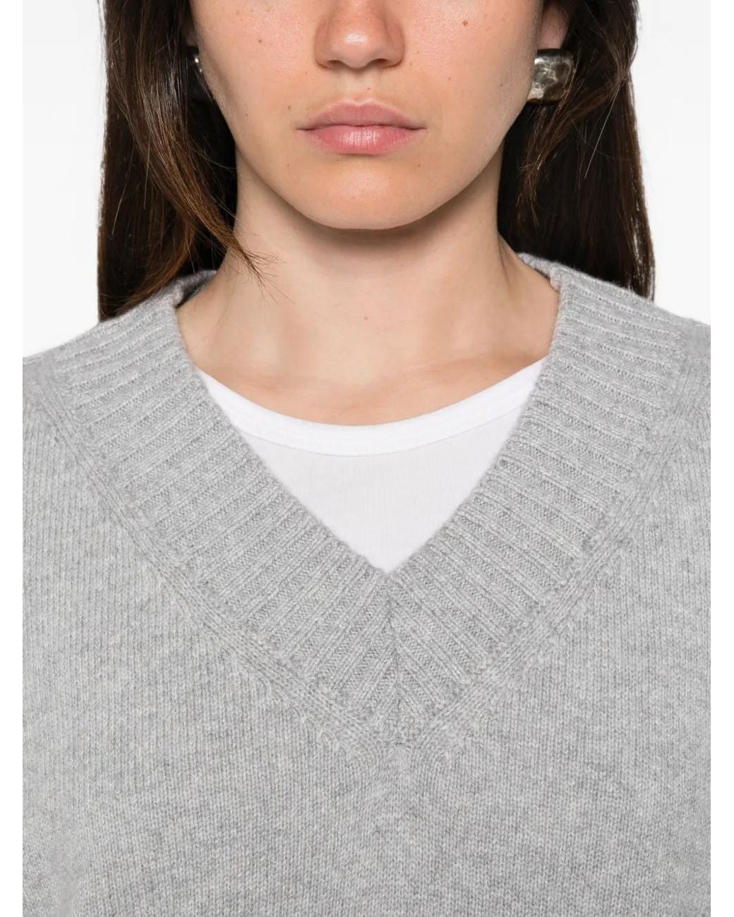 Liviana Conti Gray V-Neck Knitted Sweater