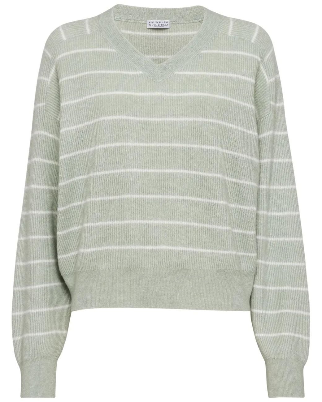 Brunello Cucinelli Gray Striped V-Neck Sweater