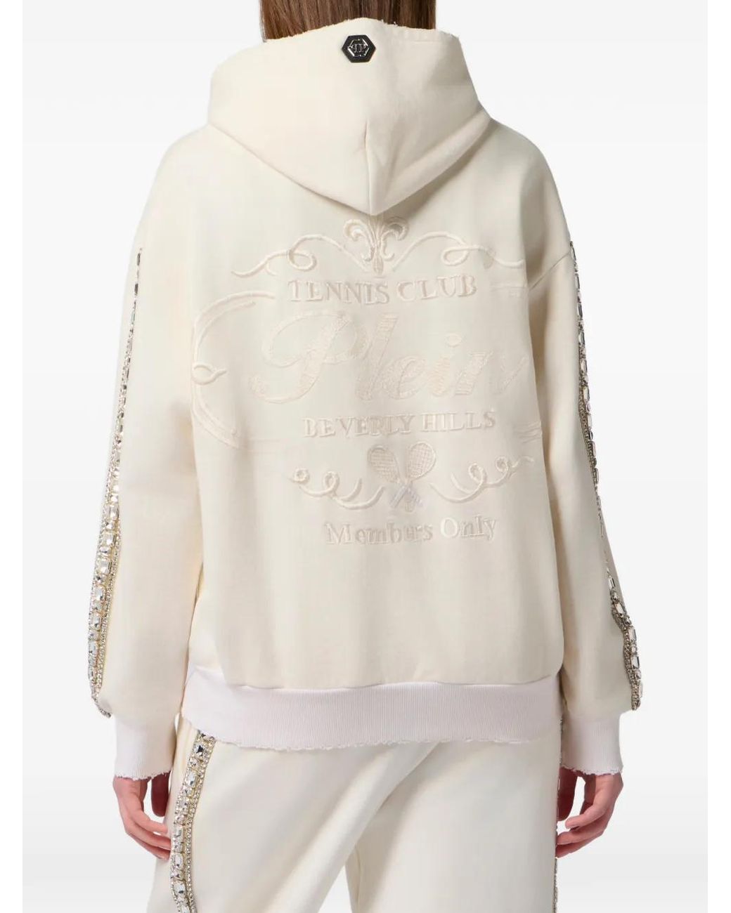 Philipp Plein White Washed Zip Hoodie Tennis Club Crystals