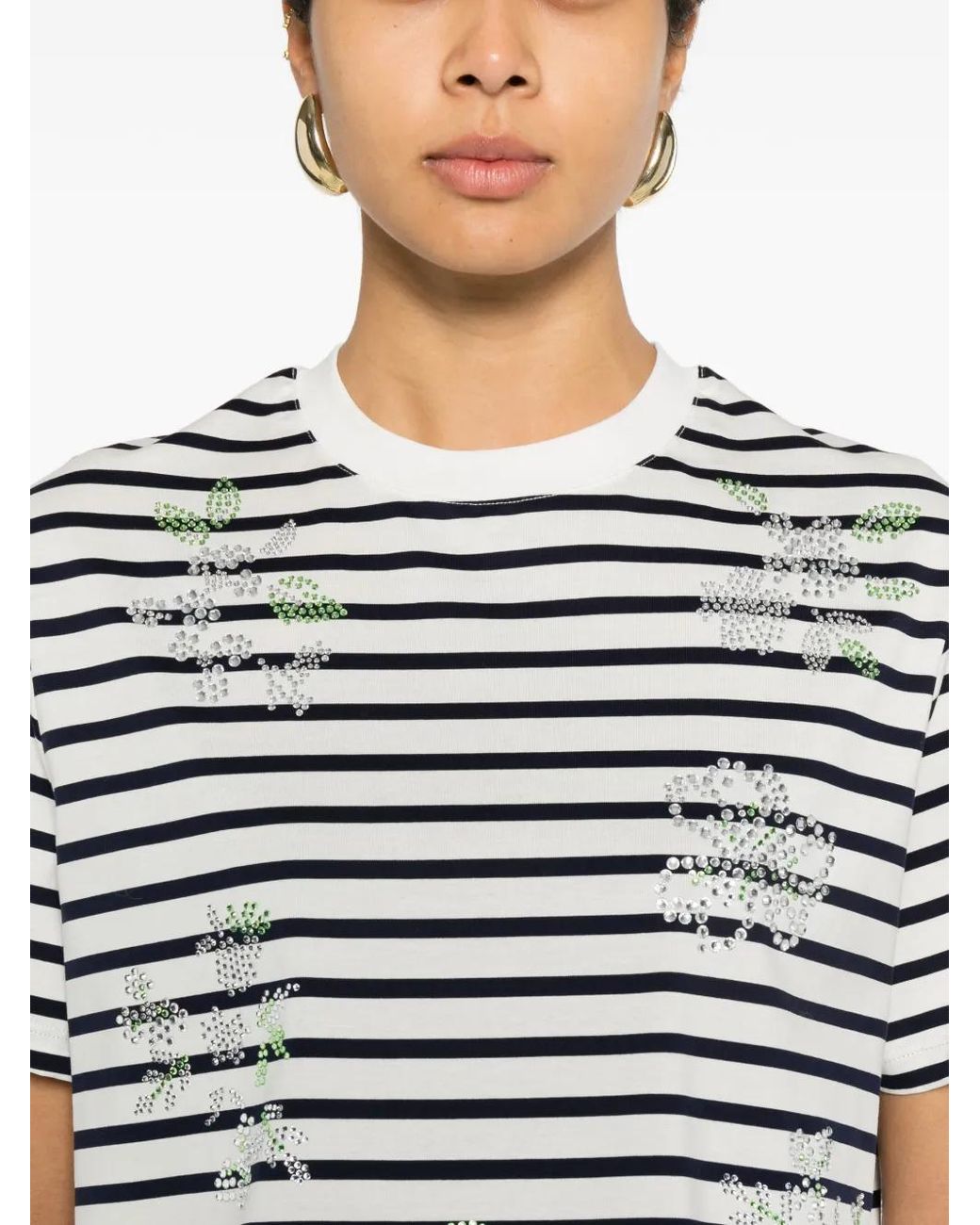 Maje Blue Striped Rhinestone Flower T-Shirt