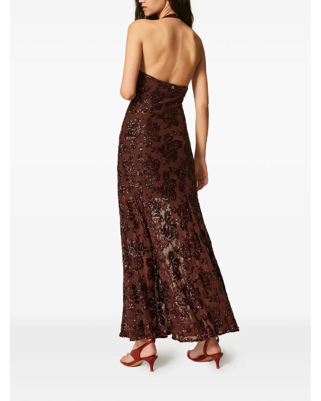 Twinset Brown Robe Brodée De Sequins À Dos Nu