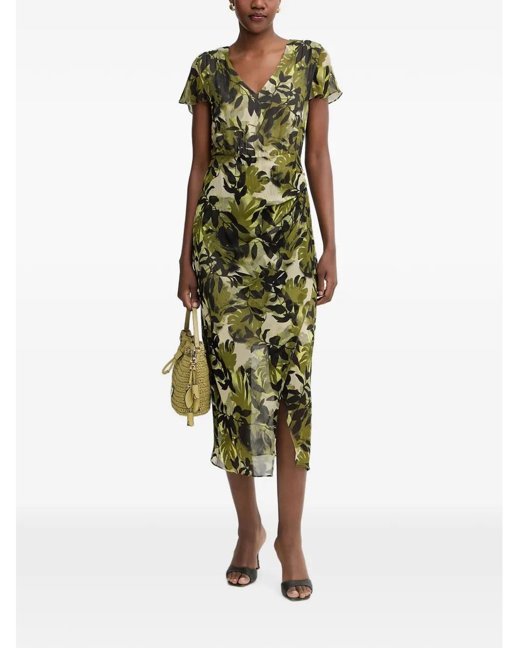 ARMANI EXCHANGE Green Leaf-Print Cut-Out Midi Dress