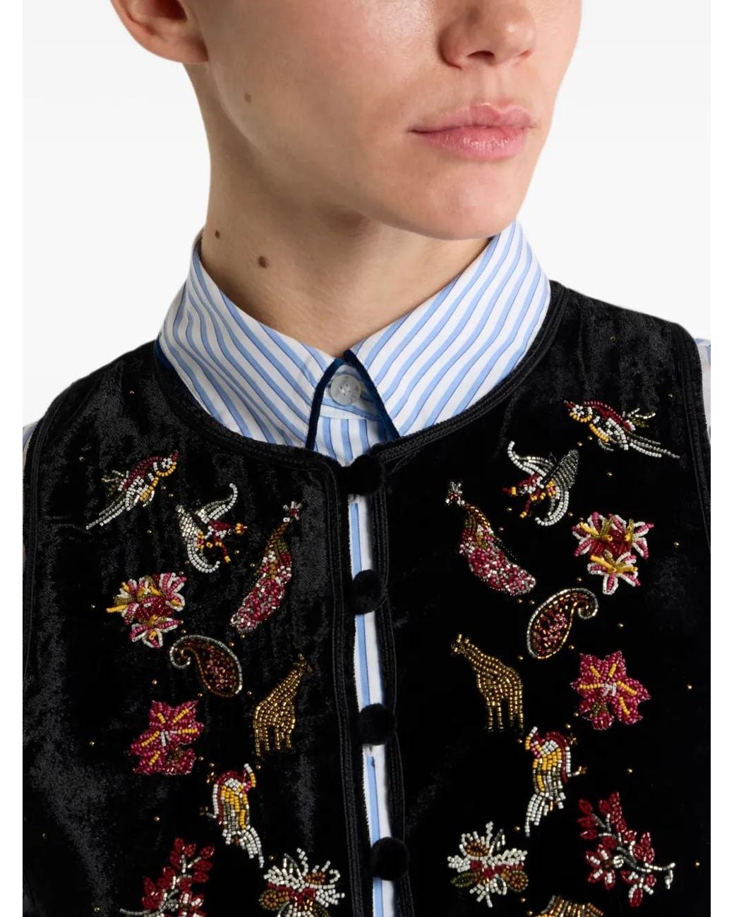 Etro Black Cropped Velvet Waistcoat With Embroidery And Beads