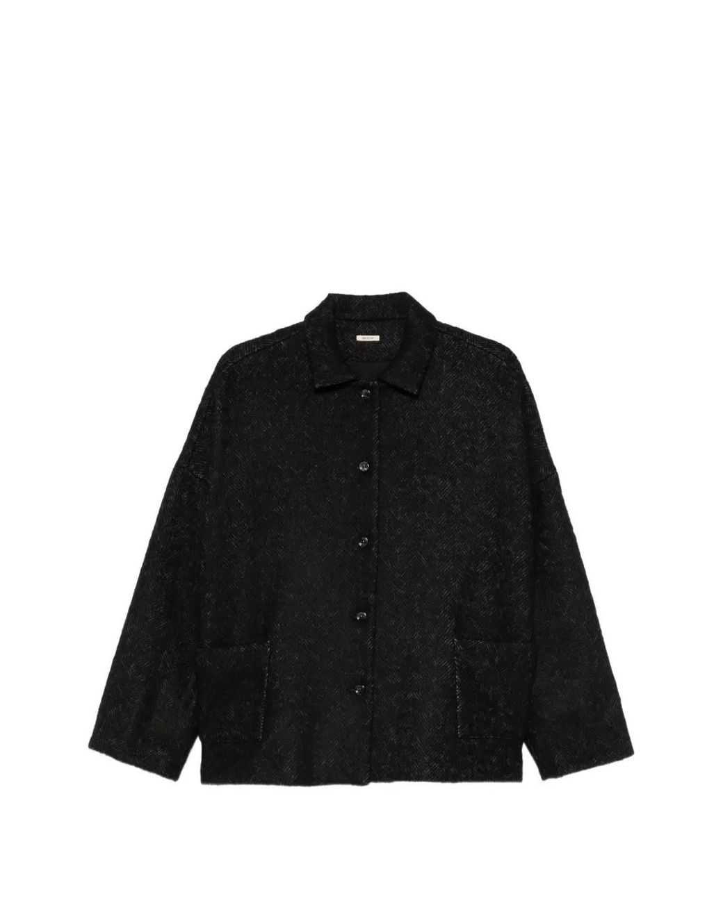 Apuntob Black Herringbone-Pattern Front-Button Jacket