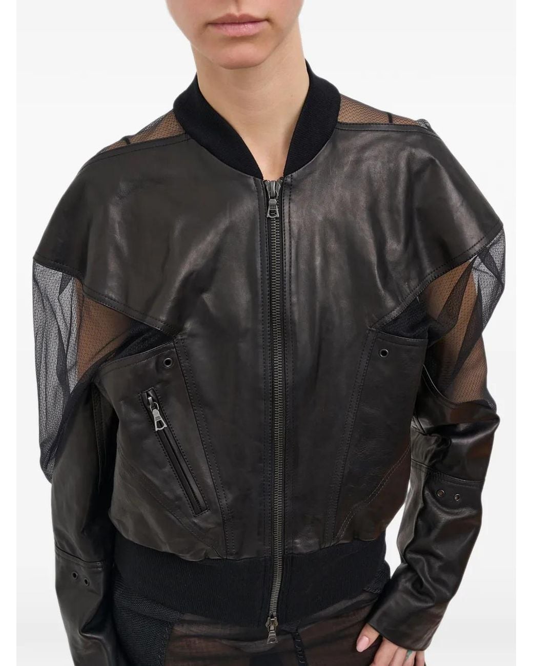 Yehuafan Black Panelled Leather Bomber Jacket