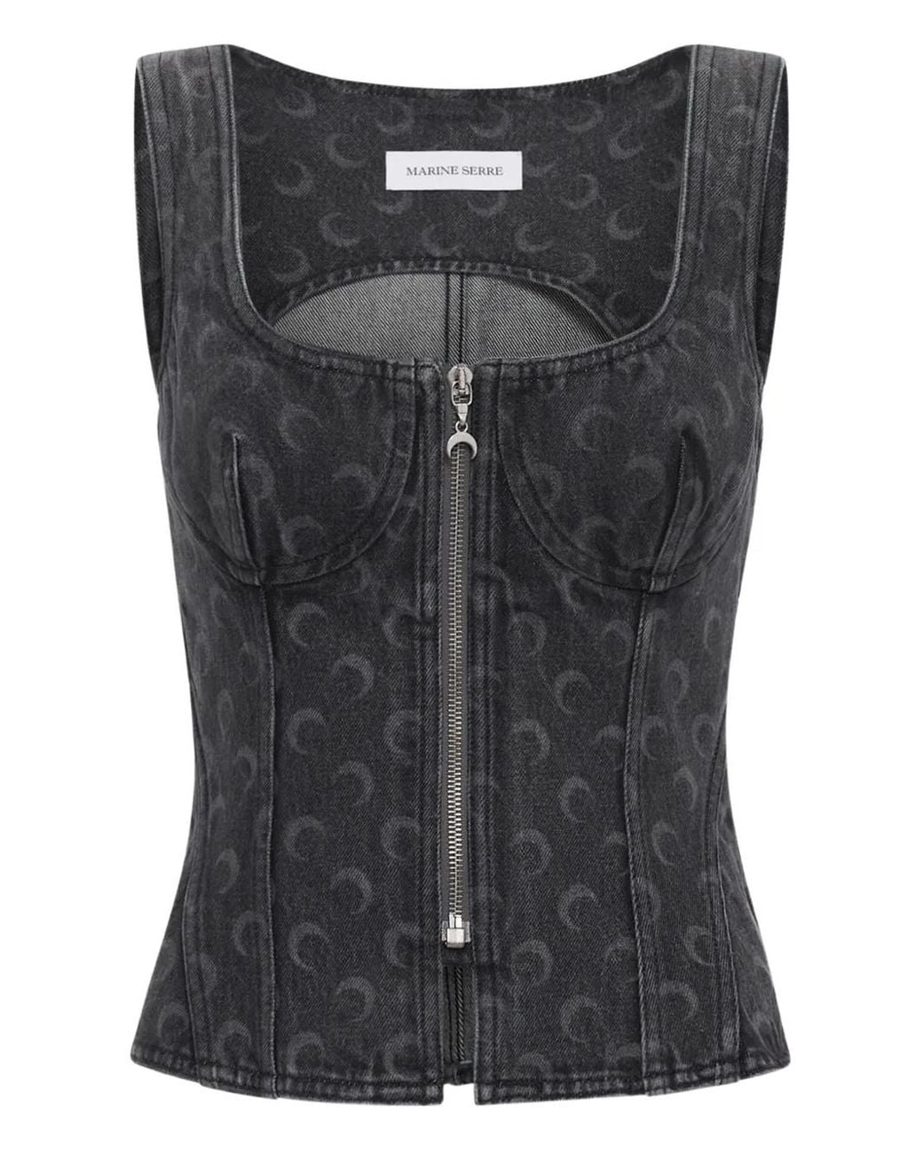 MARINE SERRE Black Moon Denim Bustier Top