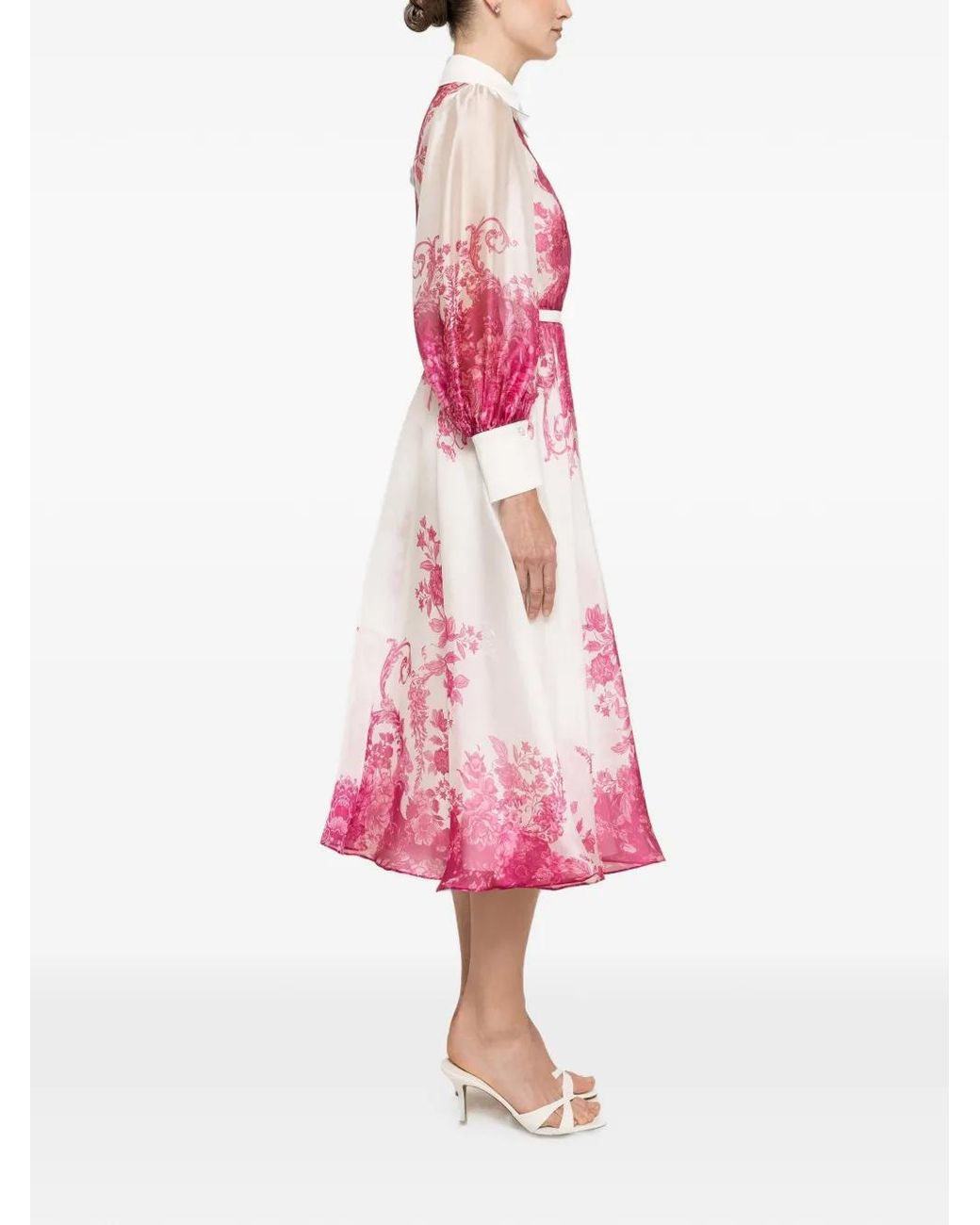 Nissa Pink Printed Organza Midi Dress
