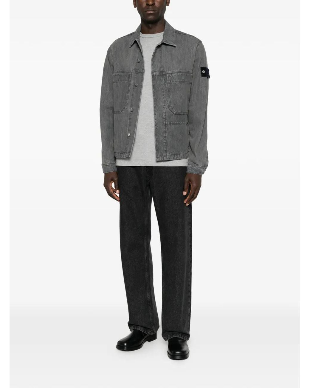 Stone Island Gray Logo-Patch Denim Jacket for men