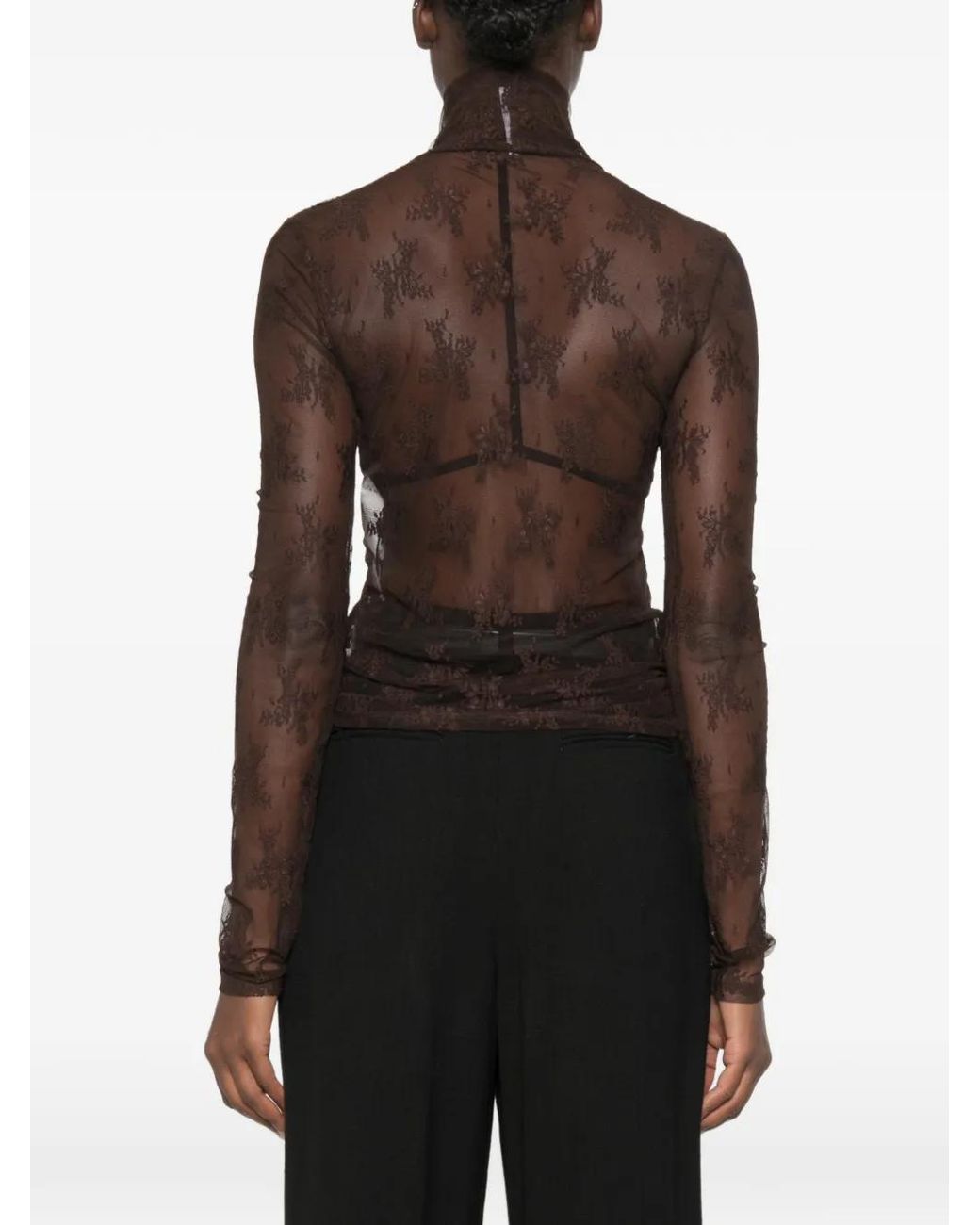 Imperial Brown Floral-Lace Roll-Neck Top