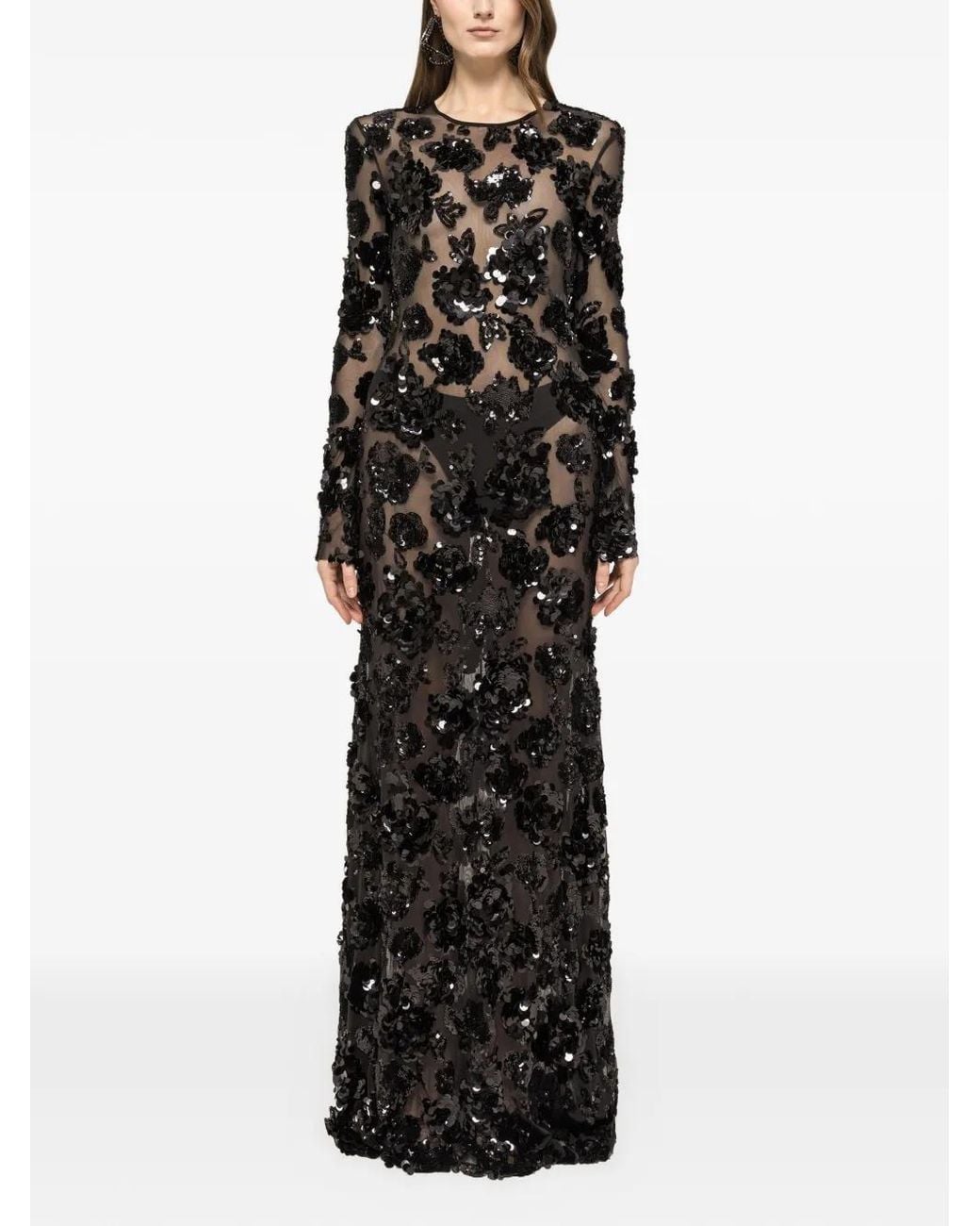 Nissa Black Appliquéd Sequinned Tulle Maxi Dress