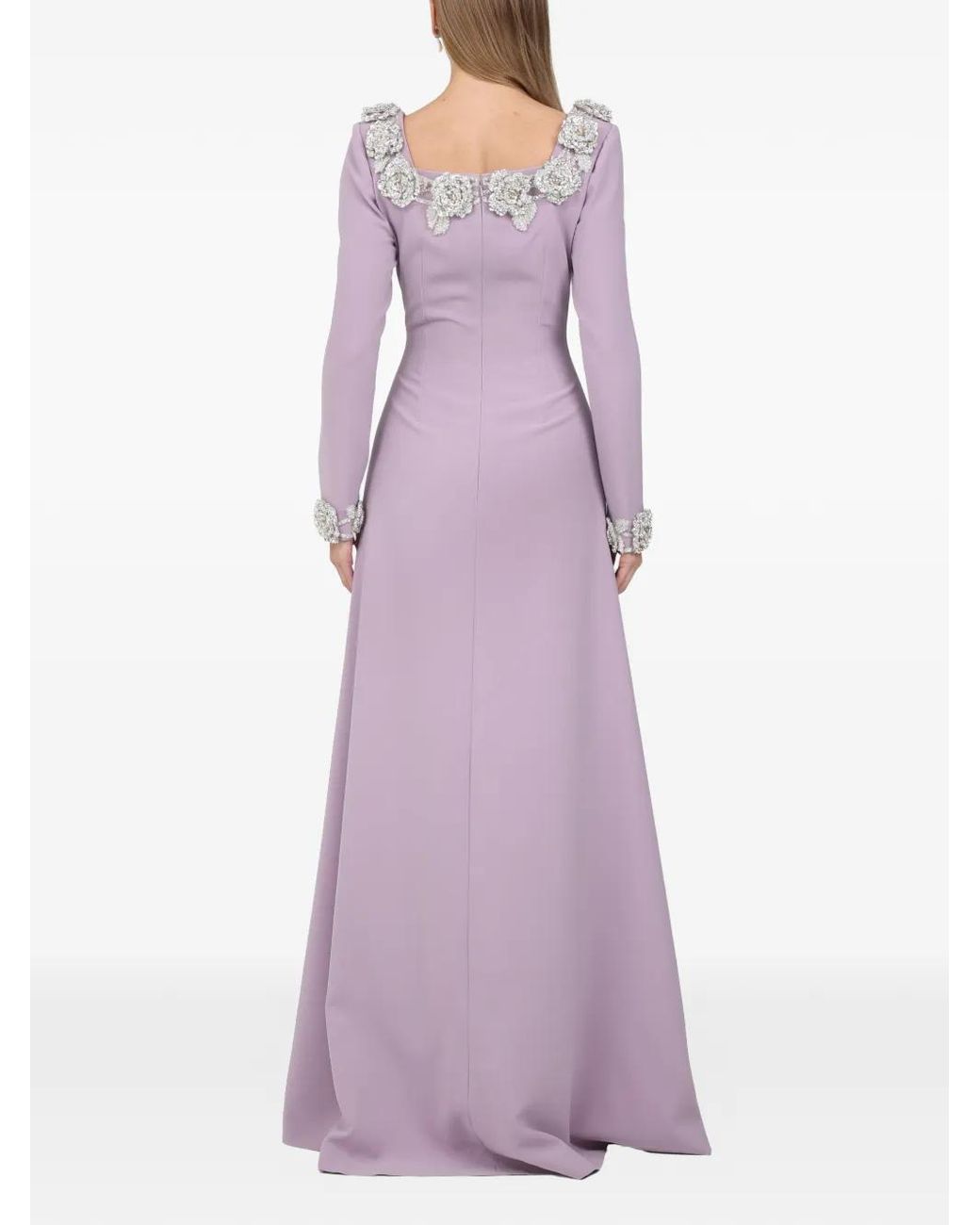 Dina Melwani Purple Floral-Embellished Maxi Dress