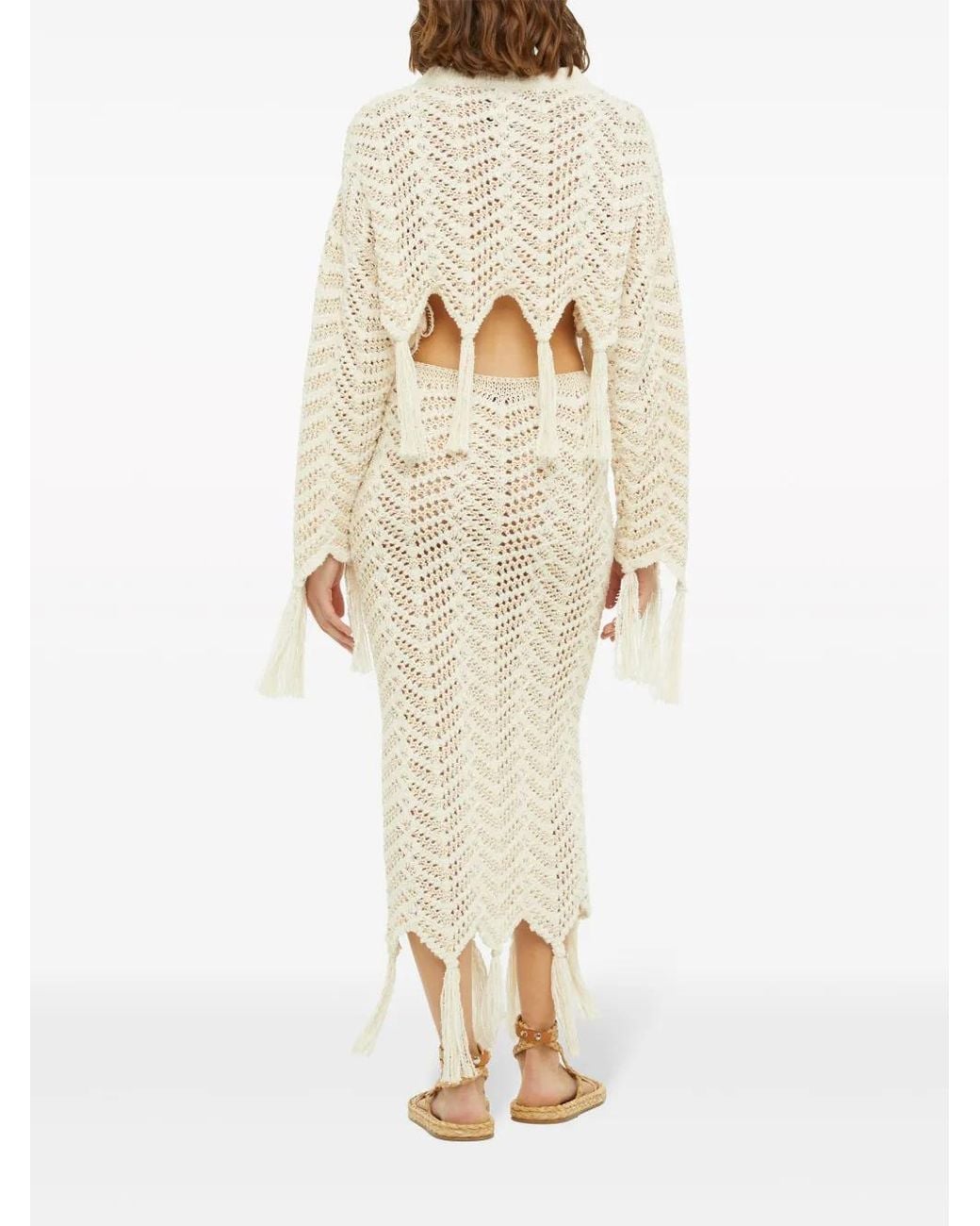 Alanui White Chevron Knit Fringed Cropped Jumper