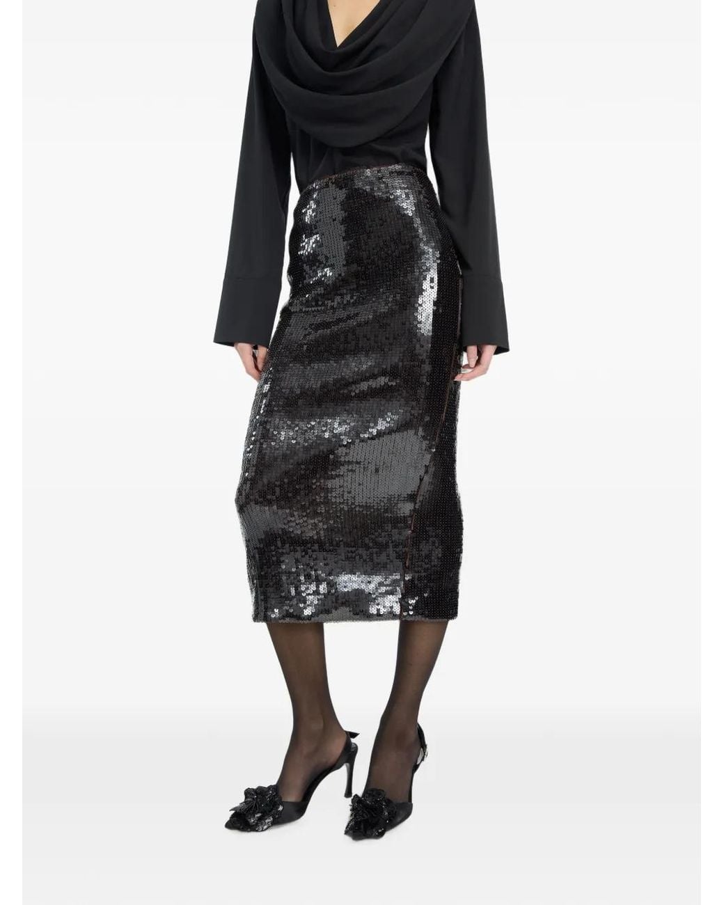 ROTATE BIRGER CHRISTENSEN Black Sequins Fitted Back-Slit Midi Skirt