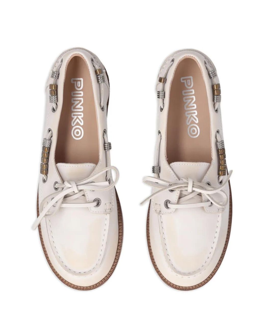 Pinko Natural Bead-Embellished Leather Loafers