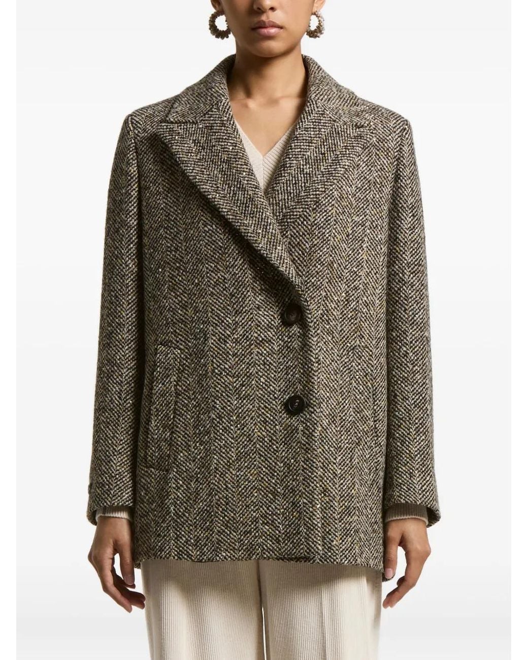 Peserico Gray Herringbone Tweed Coat