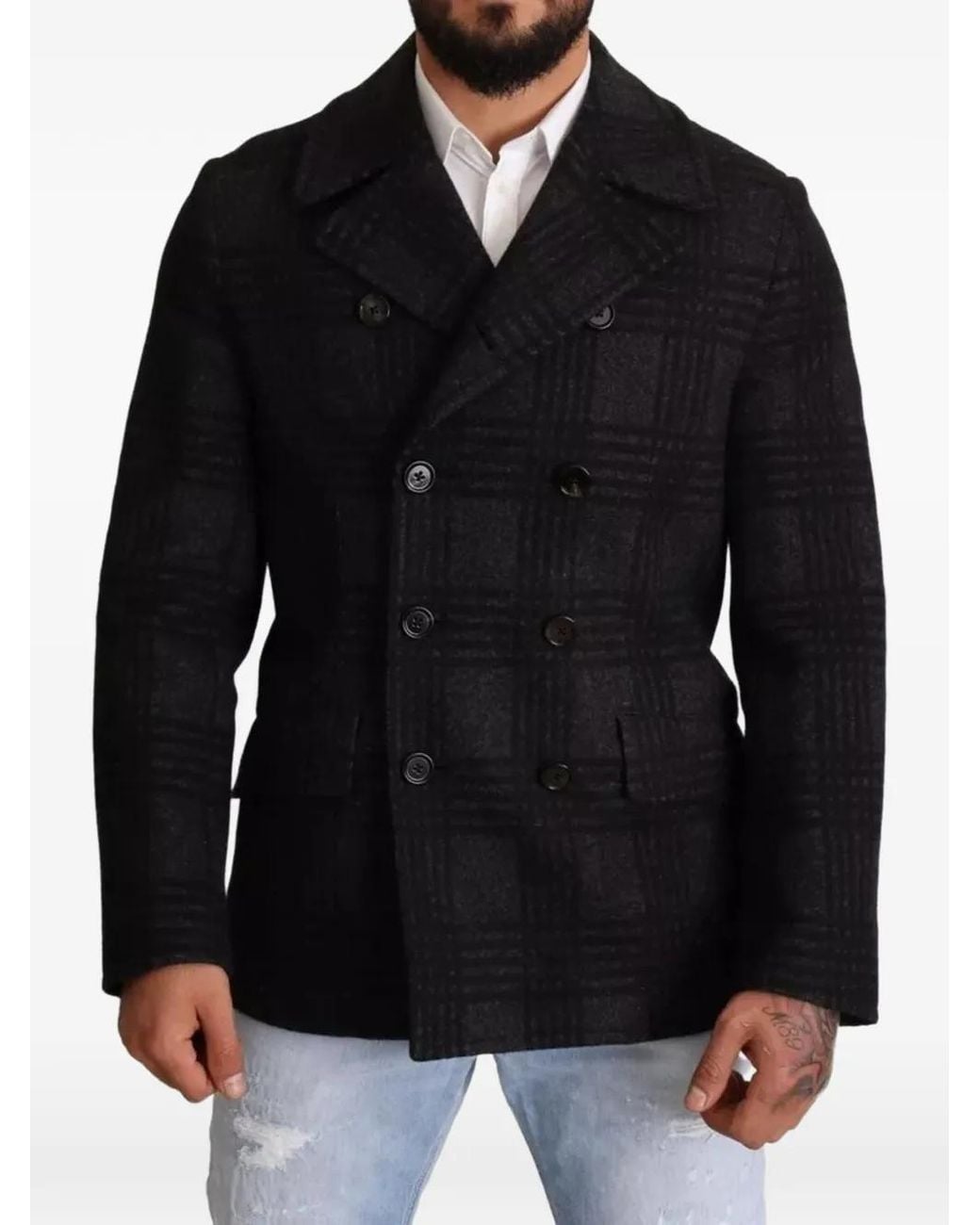 Dolce & Gabbana Black Check Double-Breasted Pea Jacket for men