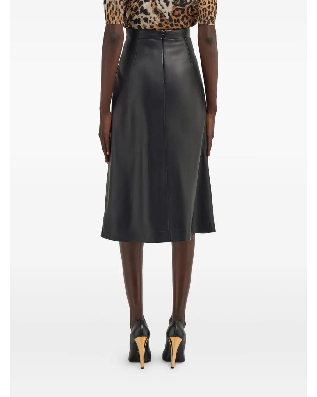 Roberto Cavalli Black Leather Pleat-Front Midi Skirt