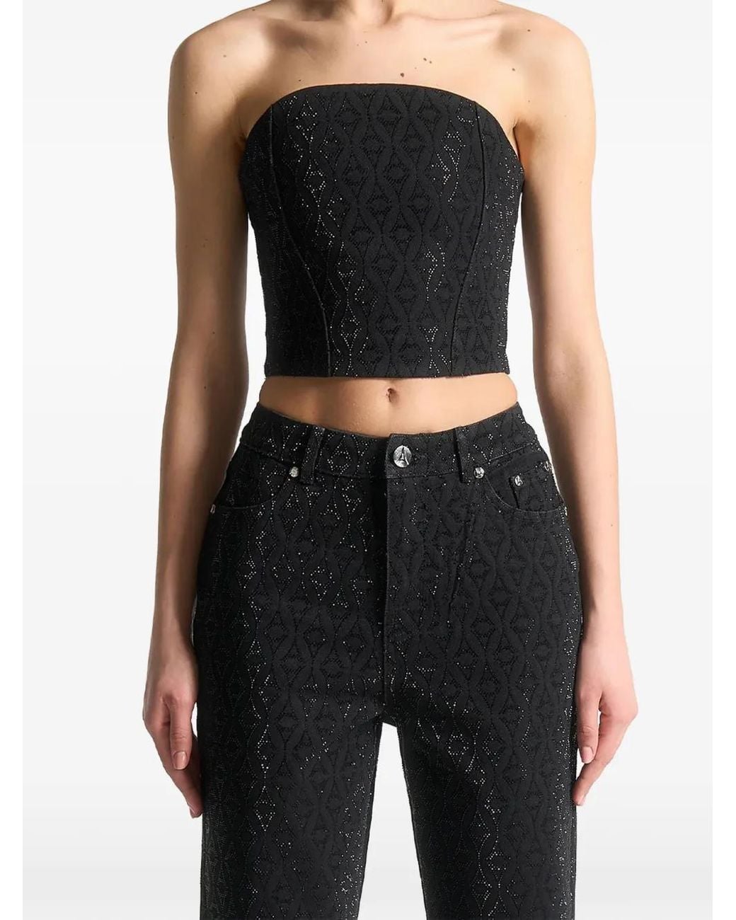 Manière De Voir Black Rhinestone Eiffel Denim Bandeau Corset Top