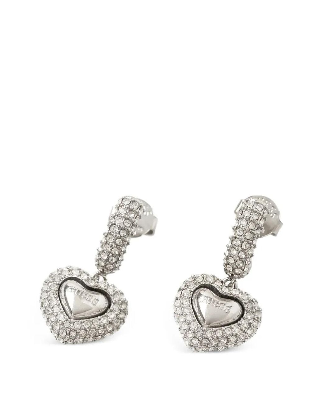 Guess White Crystal-Embellished Heart-Pendant Earrings