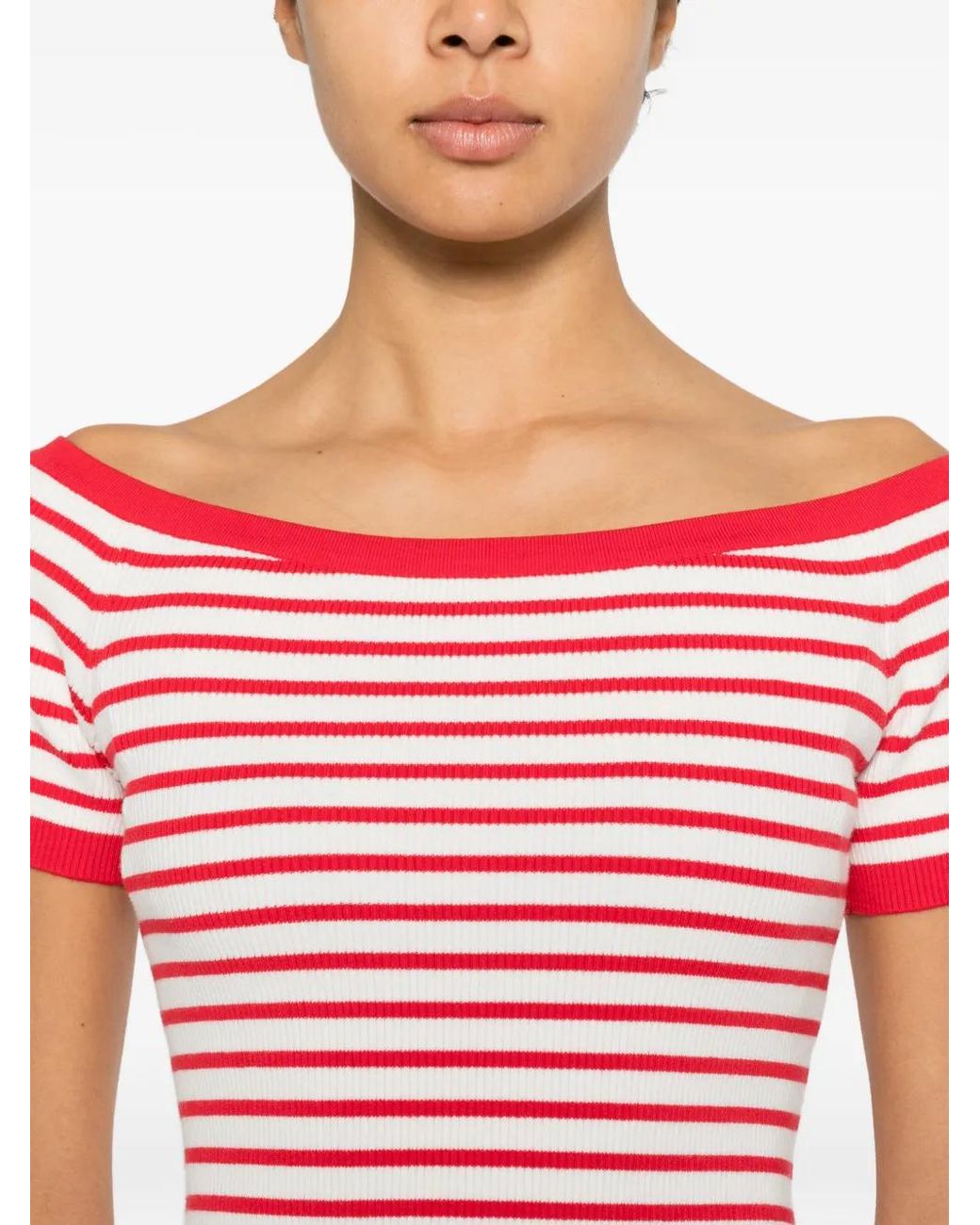 Maje Red Striped Knit Top With Boat Neck