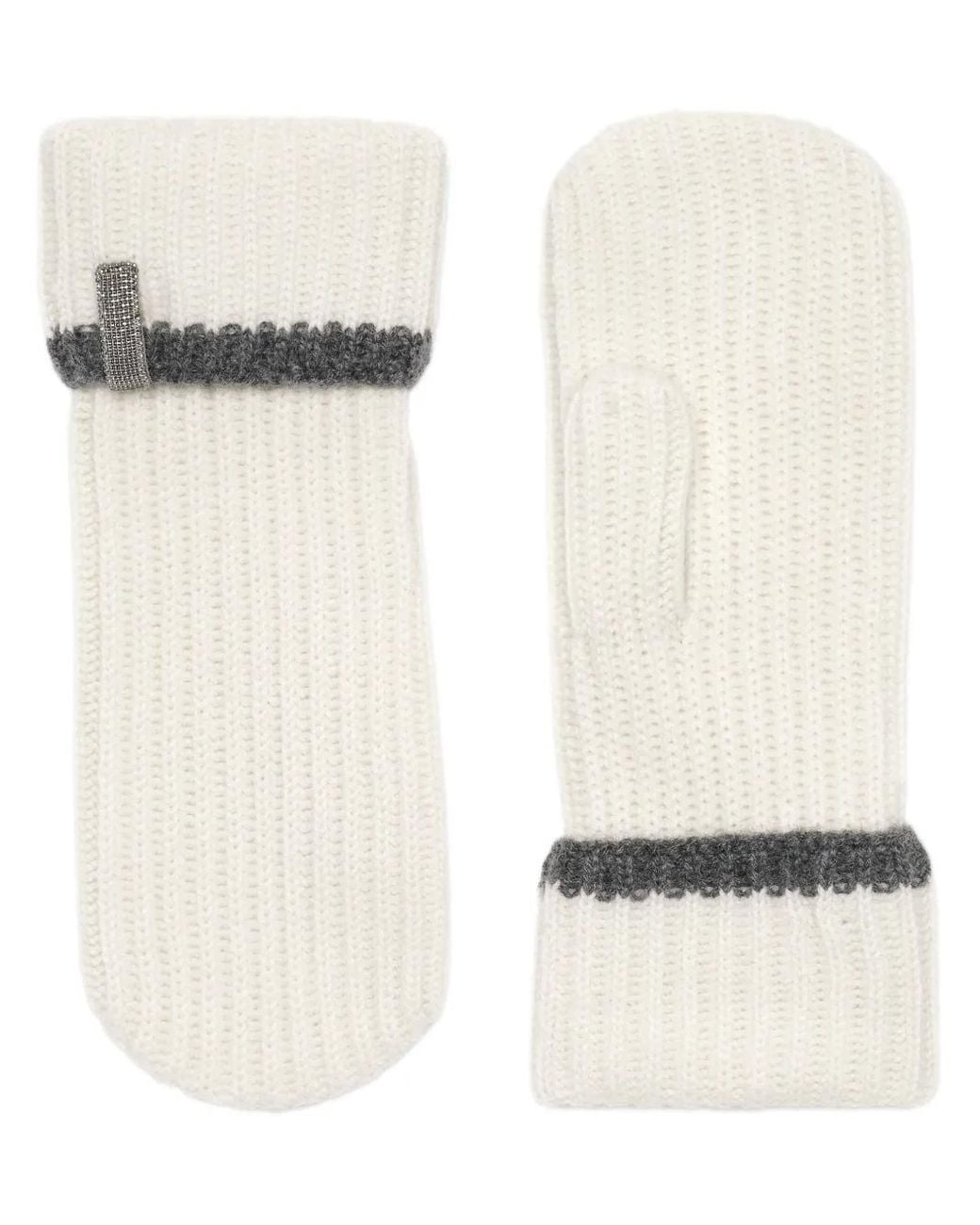 Brunello Cucinelli White Cashmere English Rib Knit Mittens With Monili