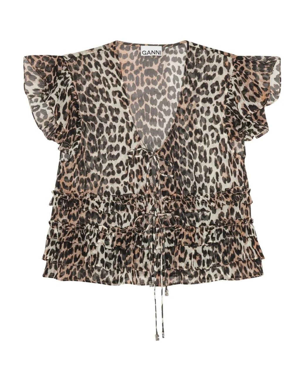 Ganni Natural Ruffled Leopard-Print Blouse