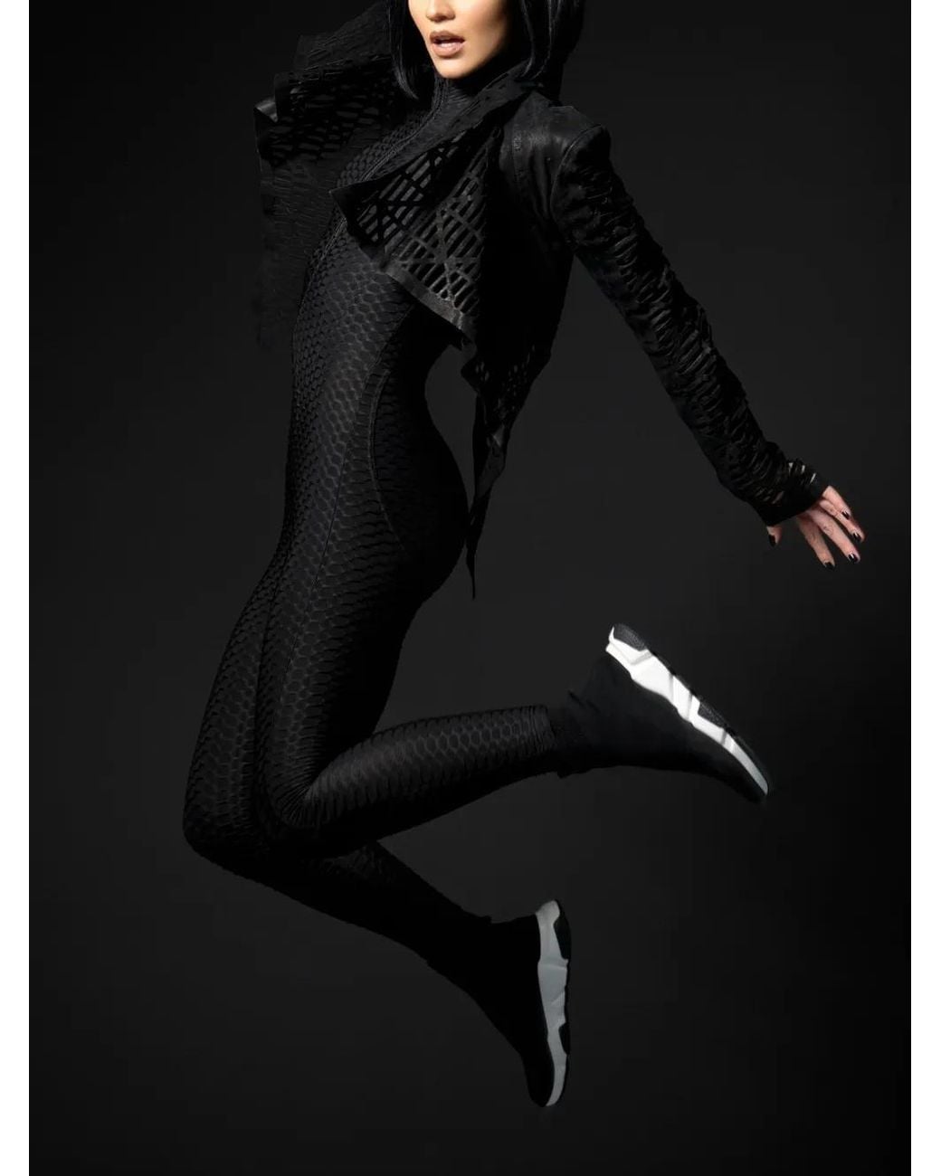 Tessitura Body Couture Black 3D Move Textured Long-Sleeved Fitted Jumpsuit