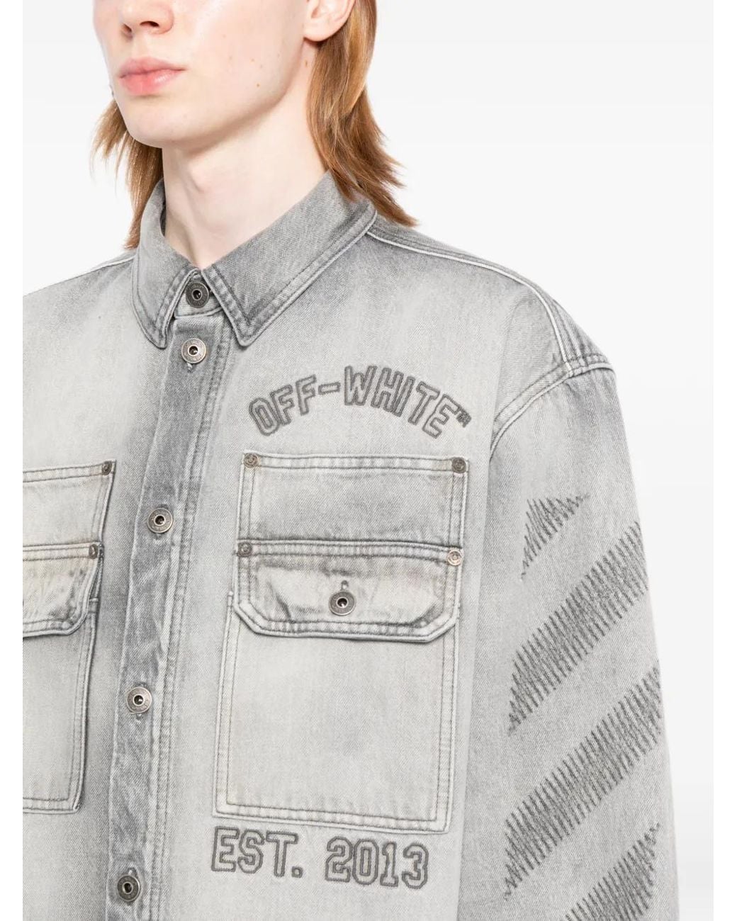 Off-White c/o Virgil Abloh Gray Diagonals-Print Embroidered Denim Military Jacket for men