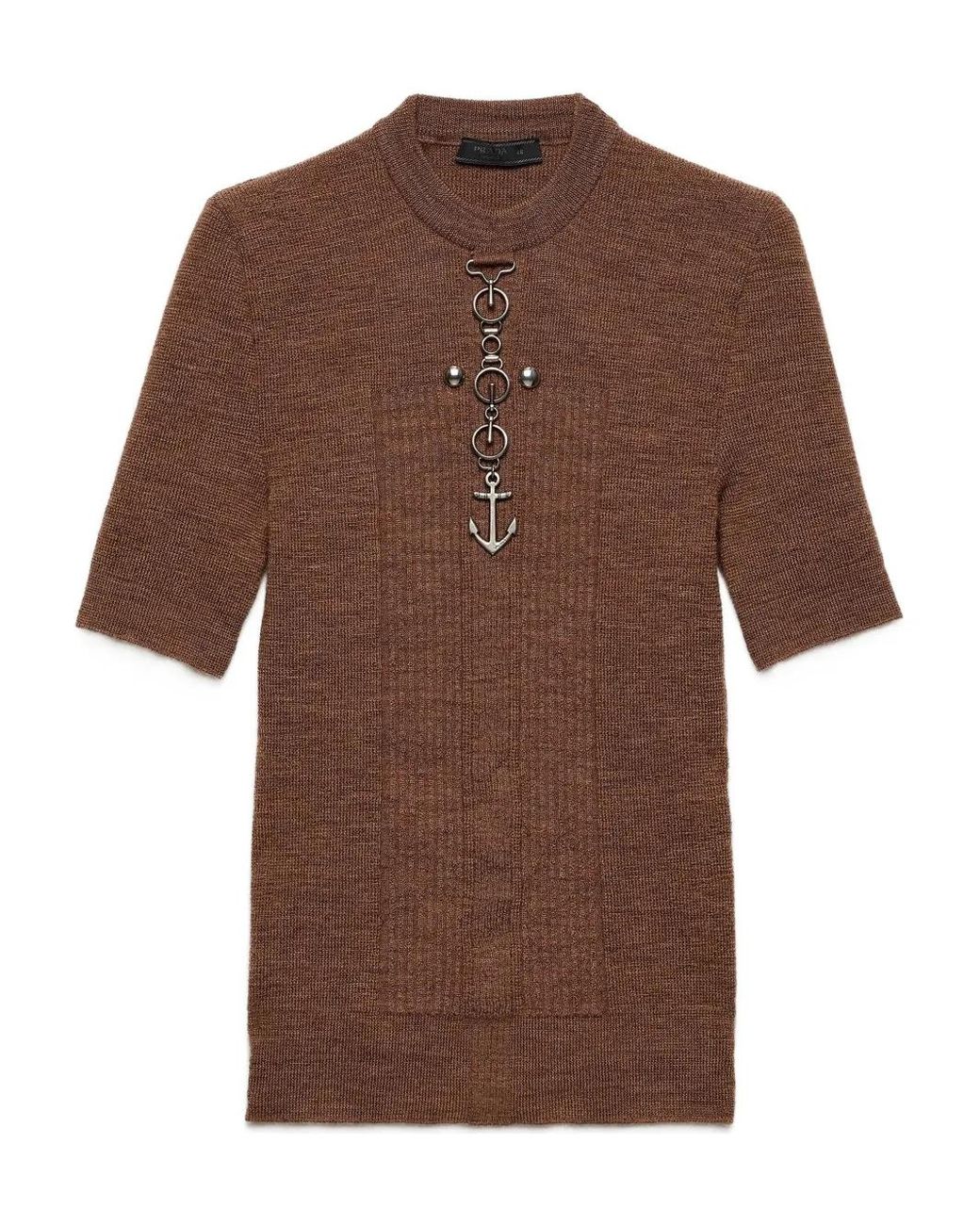 Prada Brown Wool Crew-Neck Sweater With Studs, Rust for men