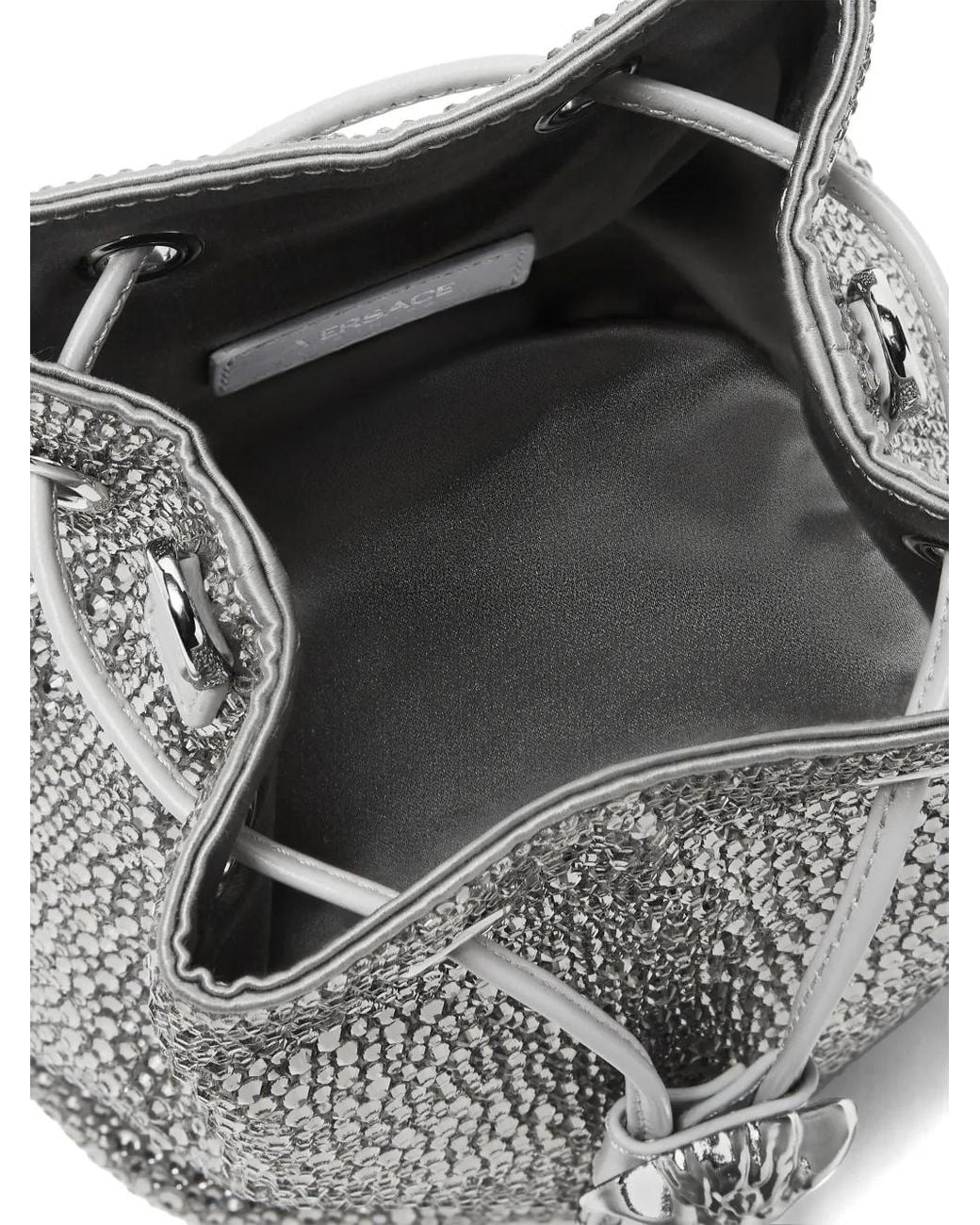 Versace White La Medusa Embellished Satin Mini Bucket Bag