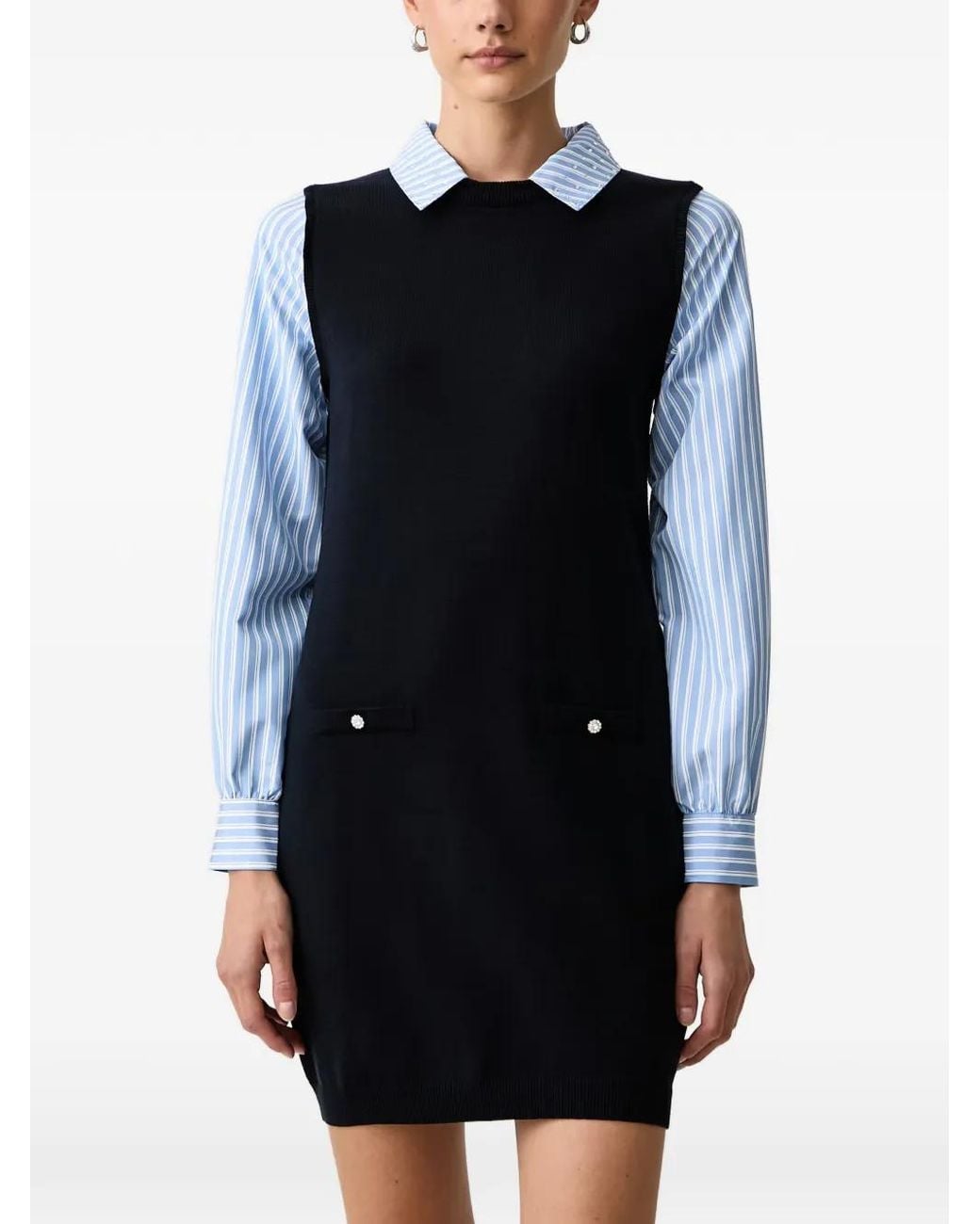 Morgan Blue Embellished-Button Knitted Mini Dress