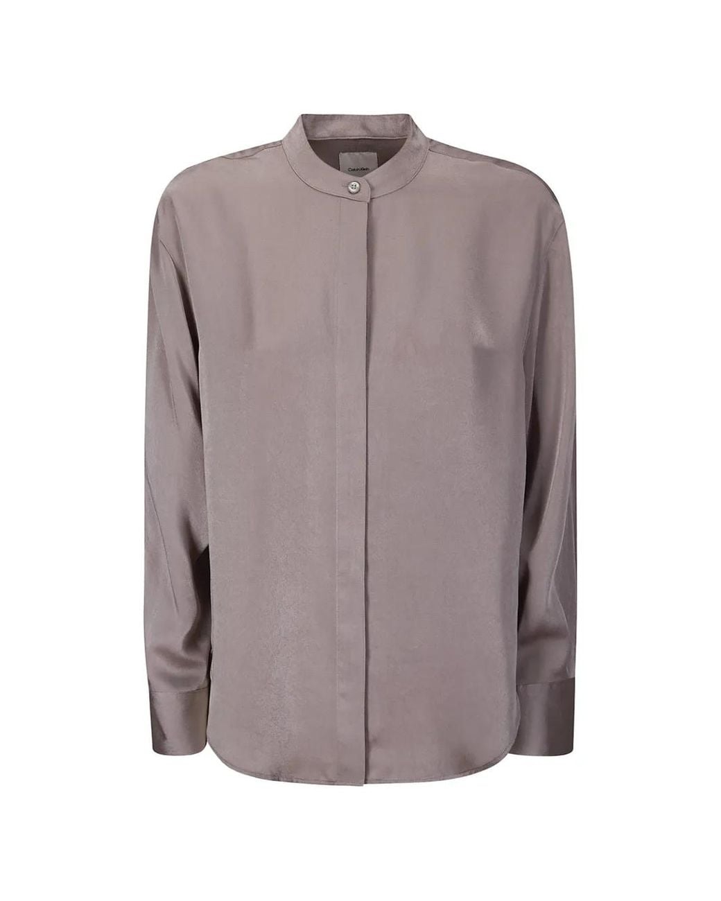 Calvin Klein Brown Band-Collar Satin Shirt