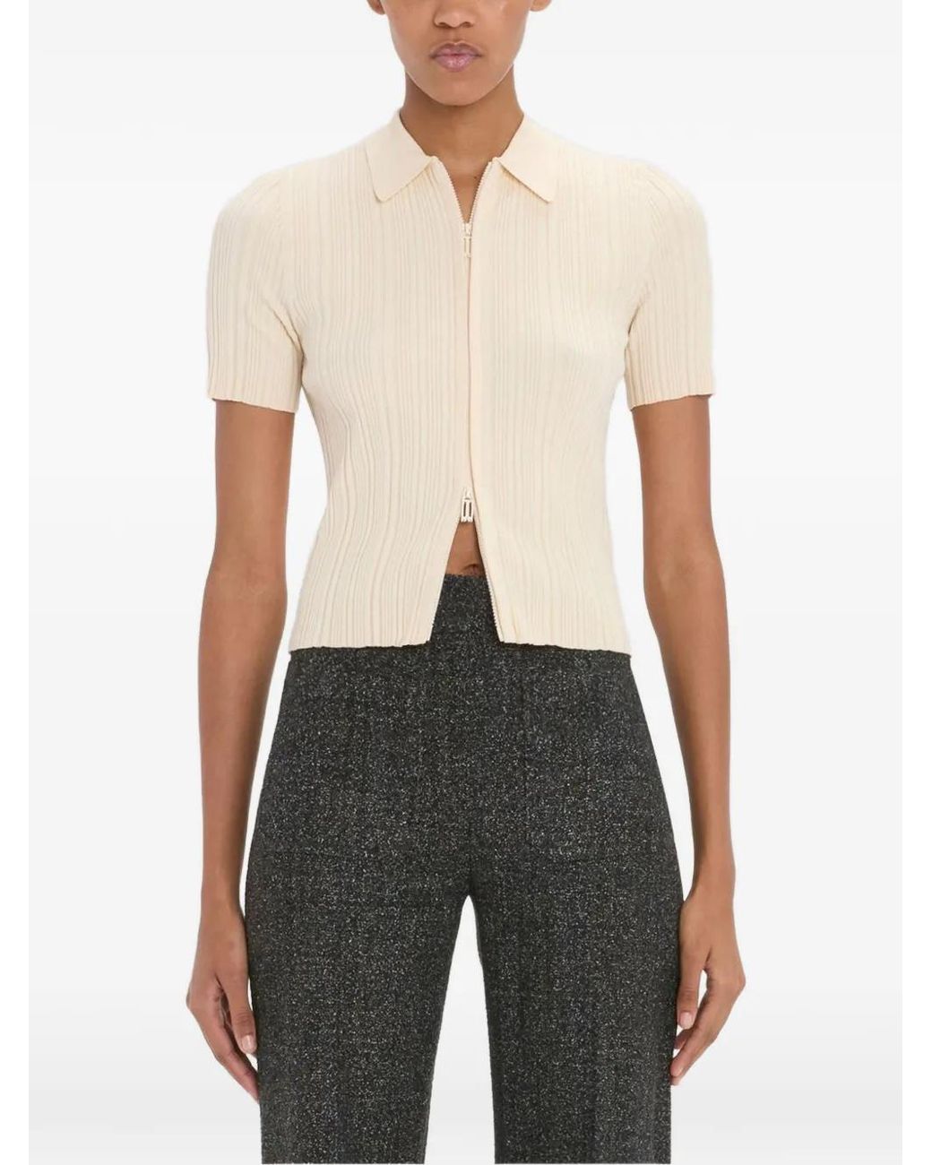 Victoria Beckham White Ribbed-Knit Short-Sleeve Shirt