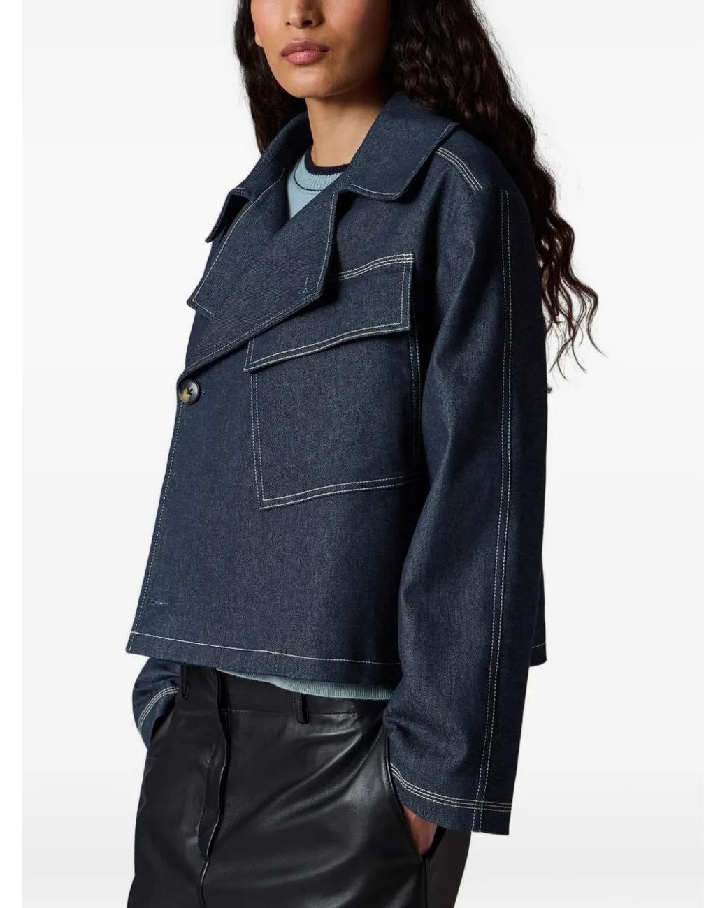 Paul Smith Blue Denim Cotton-Blend Cropped Asymmetric Jacket With Topstitching