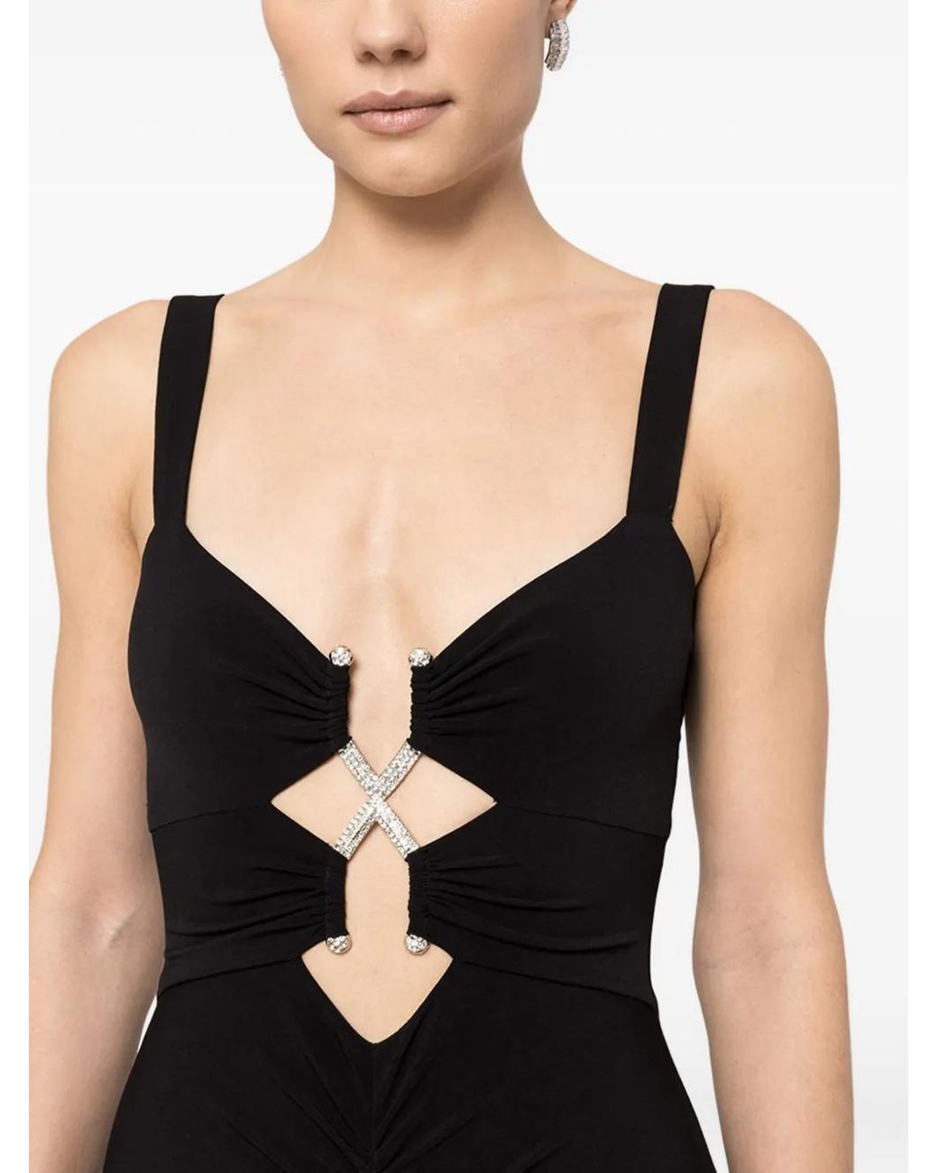 Nissa Black Embellished Ruched Midi Dress