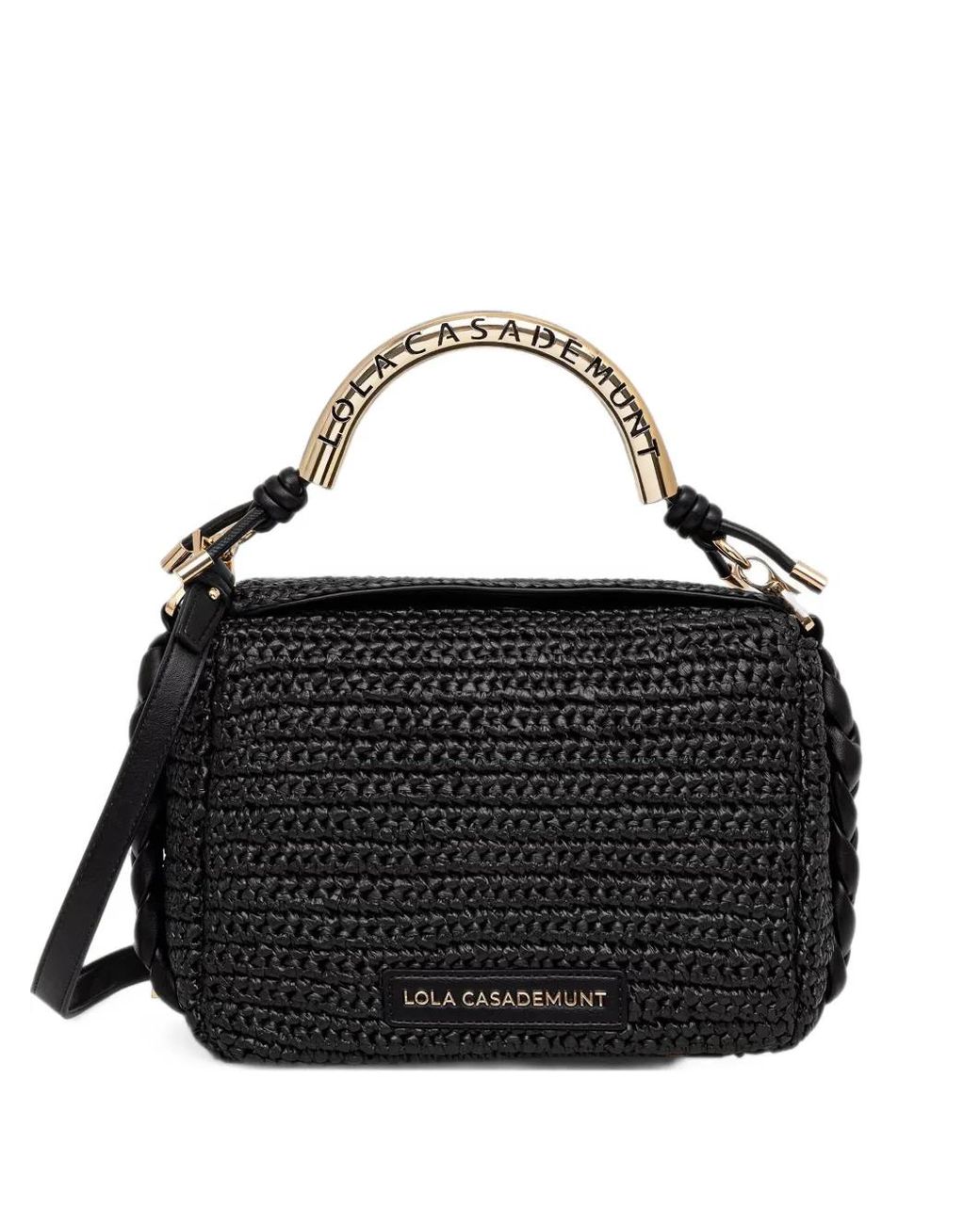 Lola Casademunt Black Woven-Effect Logo-Handle Tote Bag