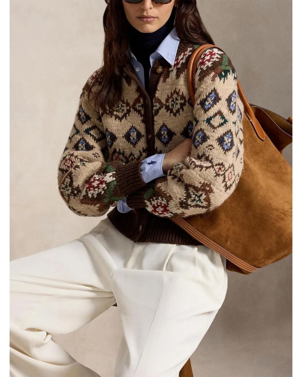Polo Ralph Lauren Brown Patterned Balloon-Sleeve Cardigan