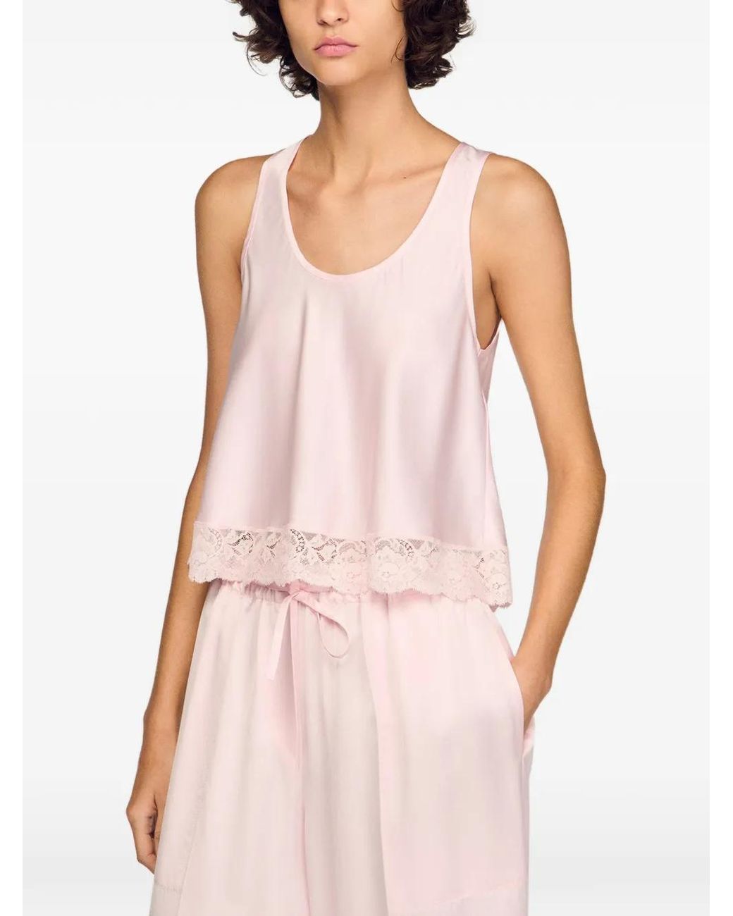Sandro Pink Satin Top With Lace