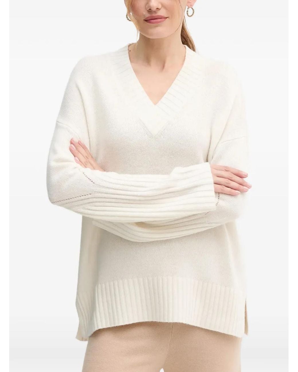 Benetton White V-Neck Textured Knitwear