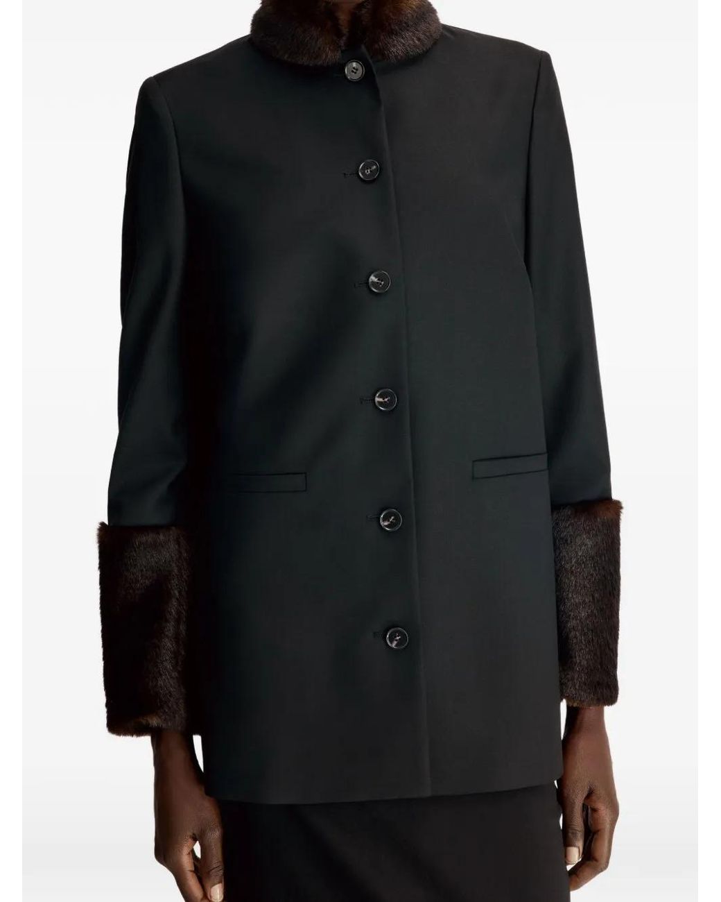 Loulou de Saison Black Goa Faux-Fur-Trim Virgin Wool Coat