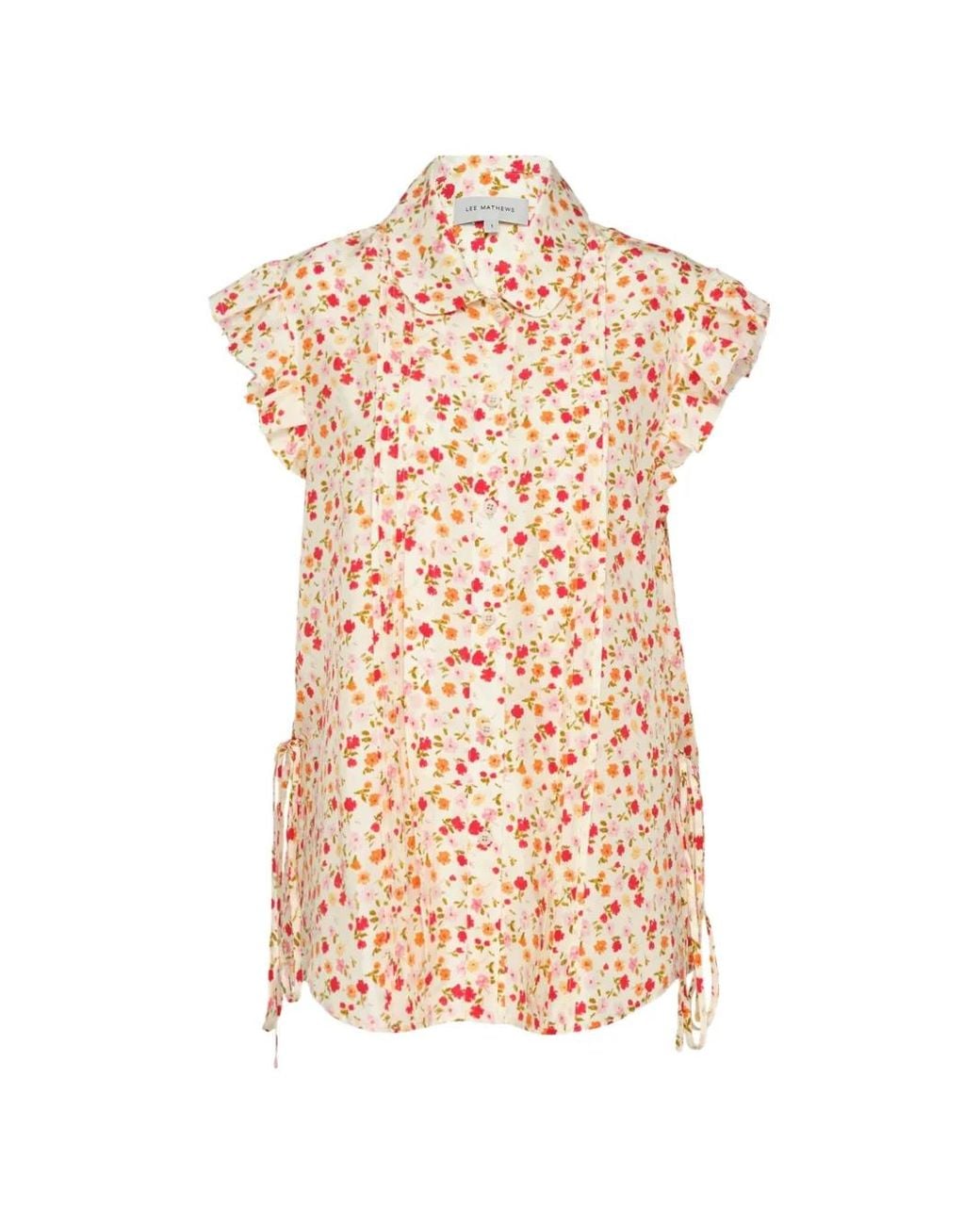 Lee Mathews White Floral-Print Ruffled Blouse