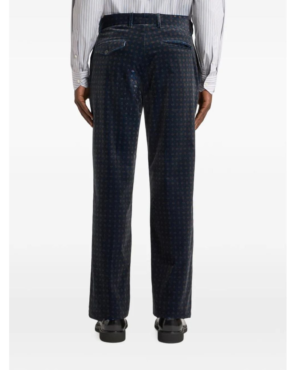 Etro Blue Straight-Leg Cotton Velvet Trousers With Tie Motif for men