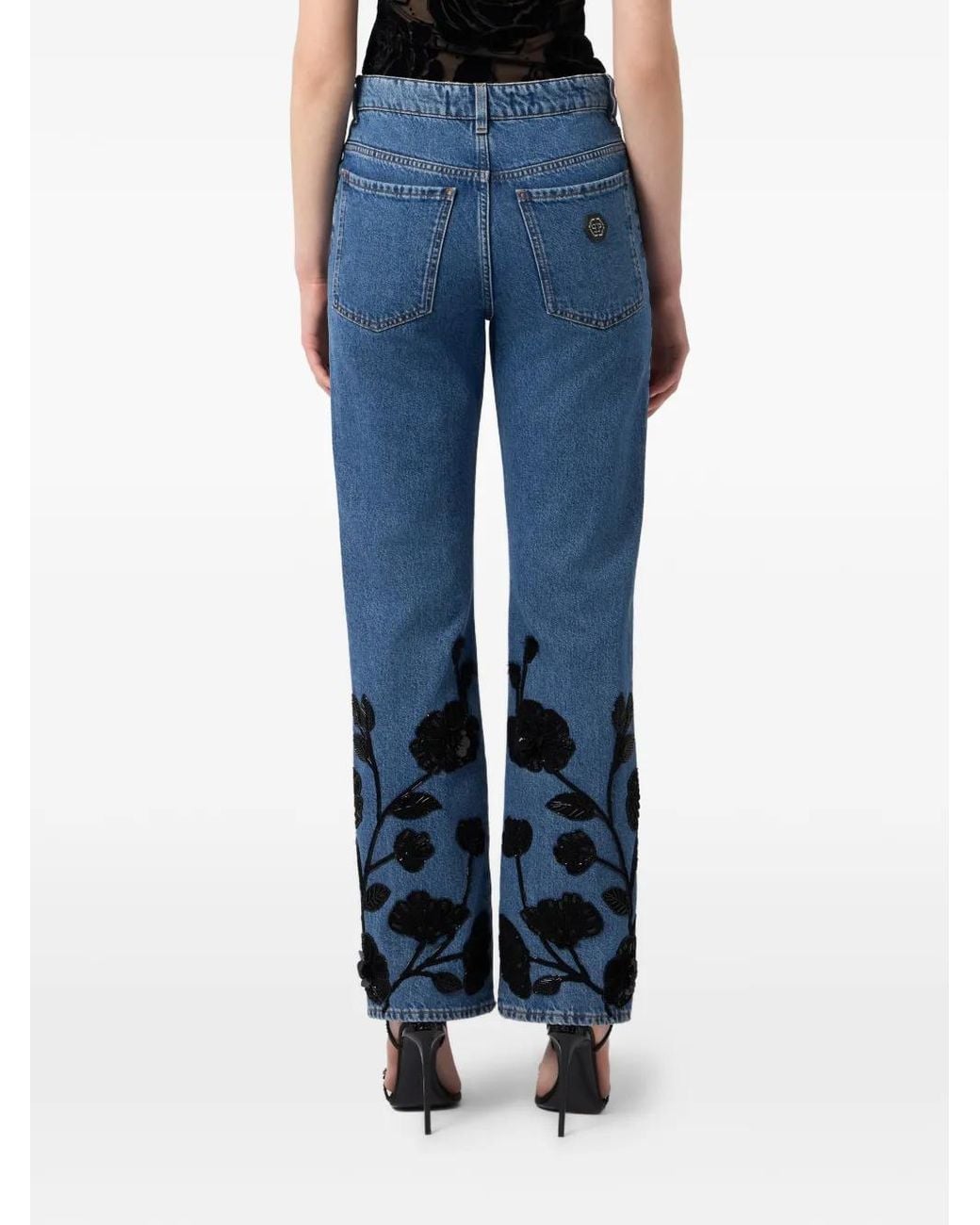Philipp Plein Blue Flower-Embroidered Pocket Jeans