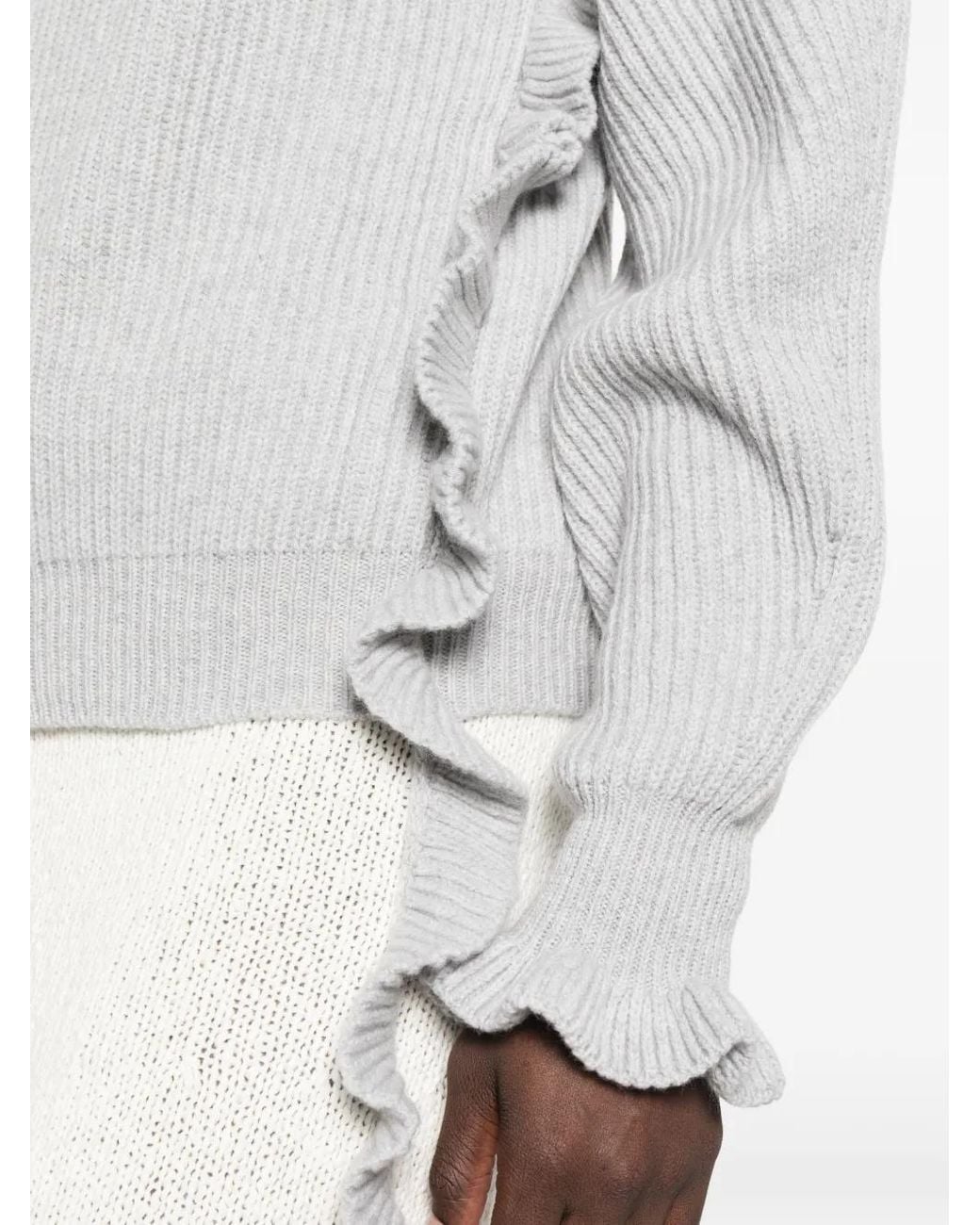 Blumarine White Ruffled Ribbed-Knit Sweater