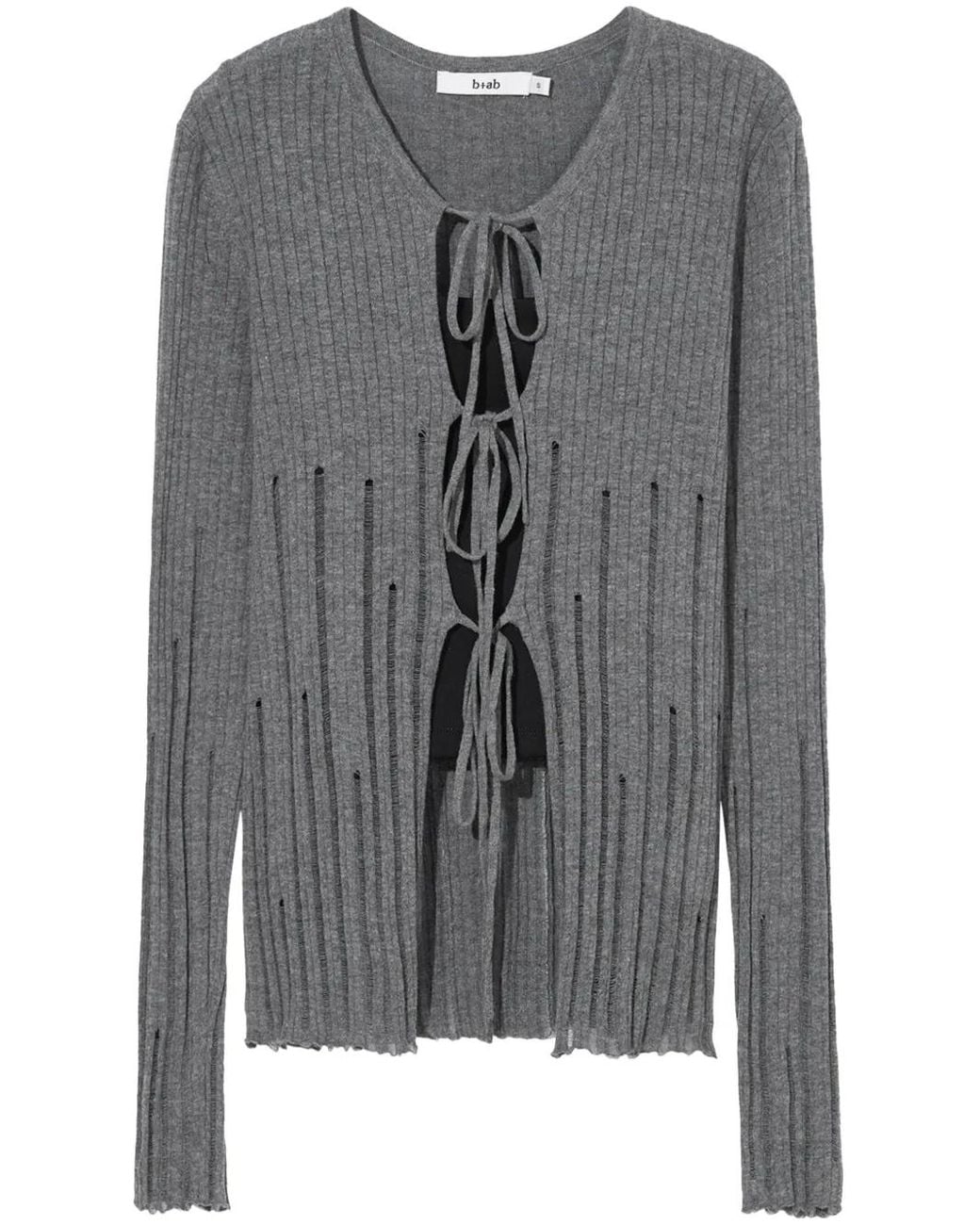 B+ AB Gray Distressed-Effect Ribbed-Knit Cardigan