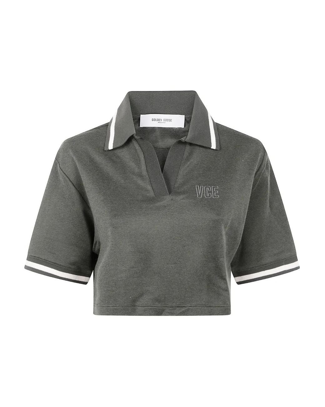 Golden Goose Deluxe Brand Gray Journey W's Medium Crop Polo Fluid Jersey Knitted Rib Mic